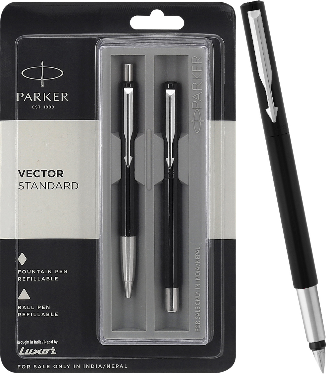 Image of PARKER Vector Standard, Chrome Trim Fountain Pen & Black Body Colour Ball Pen