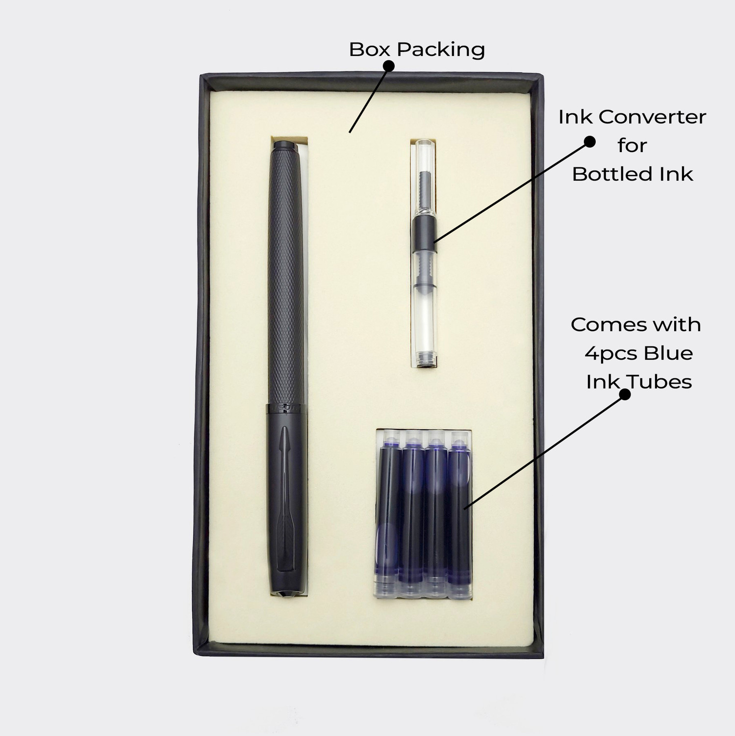 Image of UJJi Fountain Pen Set, Black Metal Body, Ink Converter with 4 Blue Cartridges Fountain Pen
