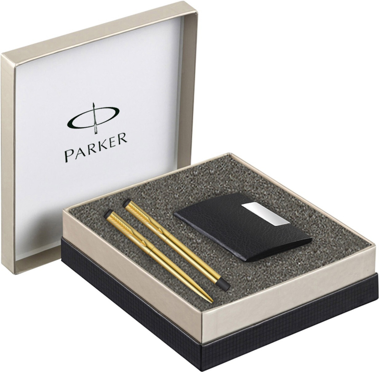Image of PARKER Vector Gold Roller Ball Pen & Ball Pen With Card Holder Pen Gift Set (Pack of 2, Ink Color - Blue)