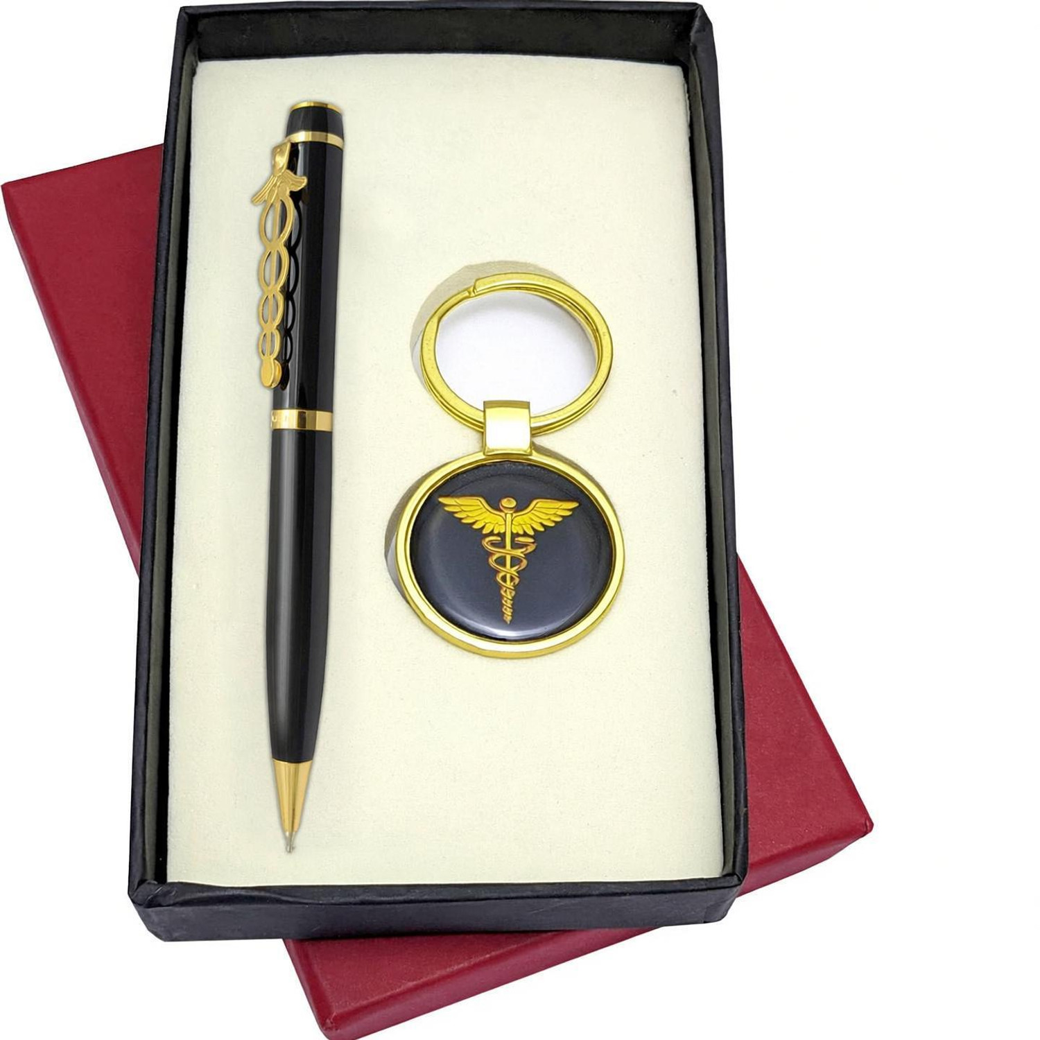 Image of UJJi Doctor Logo Clip Brass Pen in Gold Part with Doctor Logo Keychain and Pen Gift Set