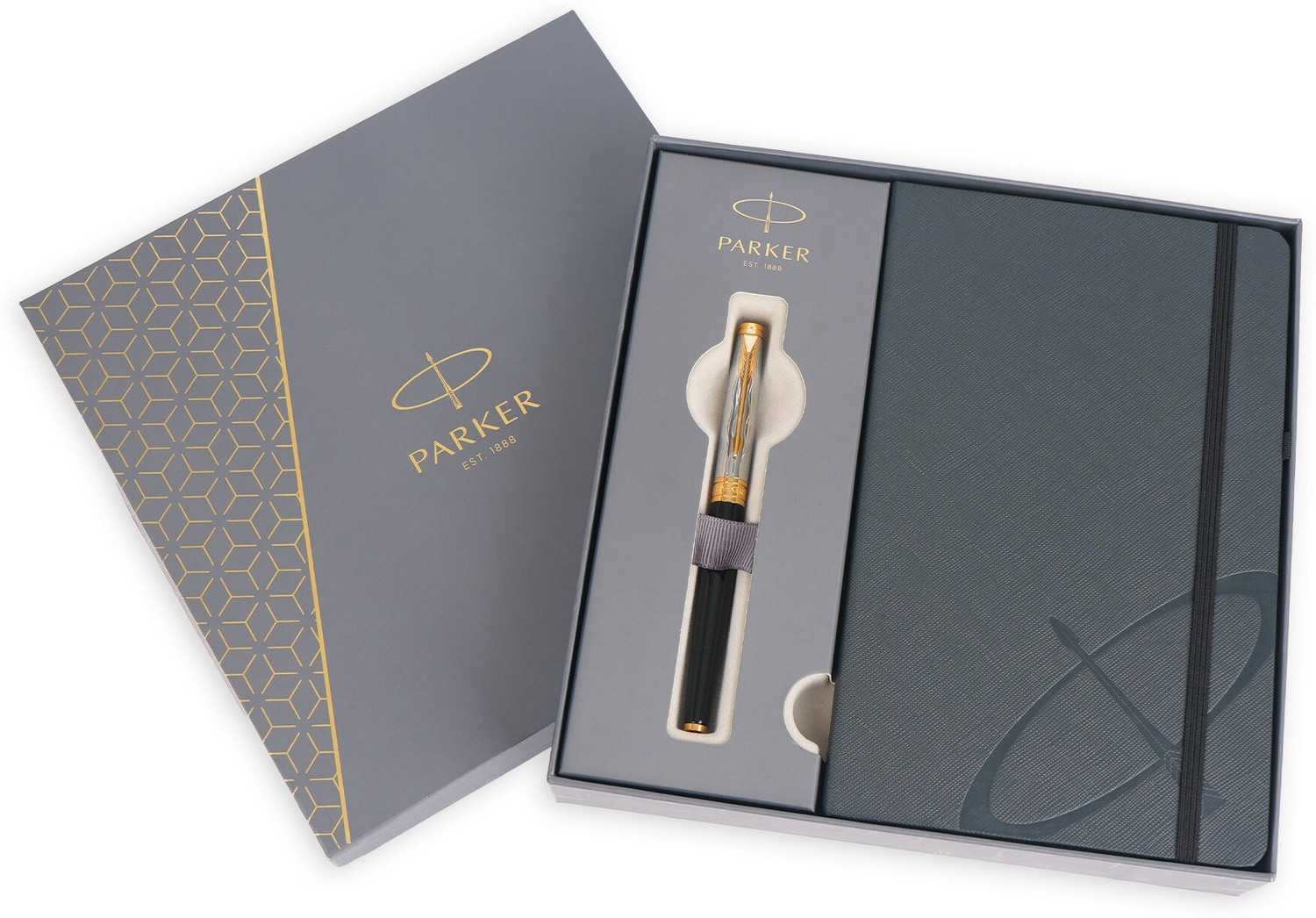 Image of PARKER Luxury Gift Set | Premium Hardbound Notebook | Aster Essential Black Chrome Trim Roller Ball Pen