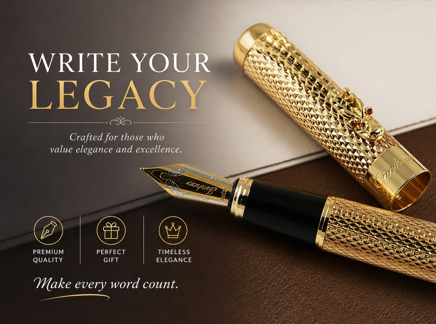 Image of RKSMART Golden Dragon Red Crystal Eyes Fountain Pen with Push in Style Ink Converte Fountain Pen
