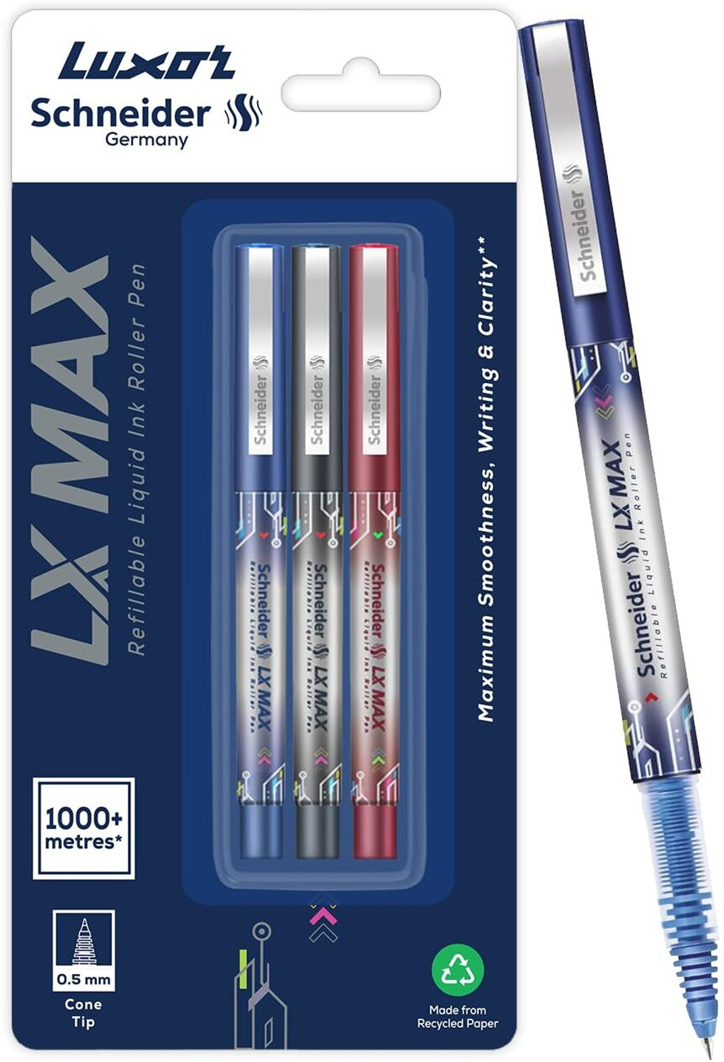 Image of Luxor Schneider LX MAX | Cone Tip | 0.5 mm | 1000+ Meters Writing Length | German Technology Roller Ball Pen