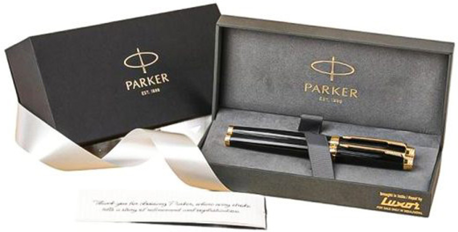 Image of PARKER Ambient Lacque Black Golden Trim Fountain Pen - Medium Nib + Roller Ball Pen Pen Gift Set (Ink Color - Blue)