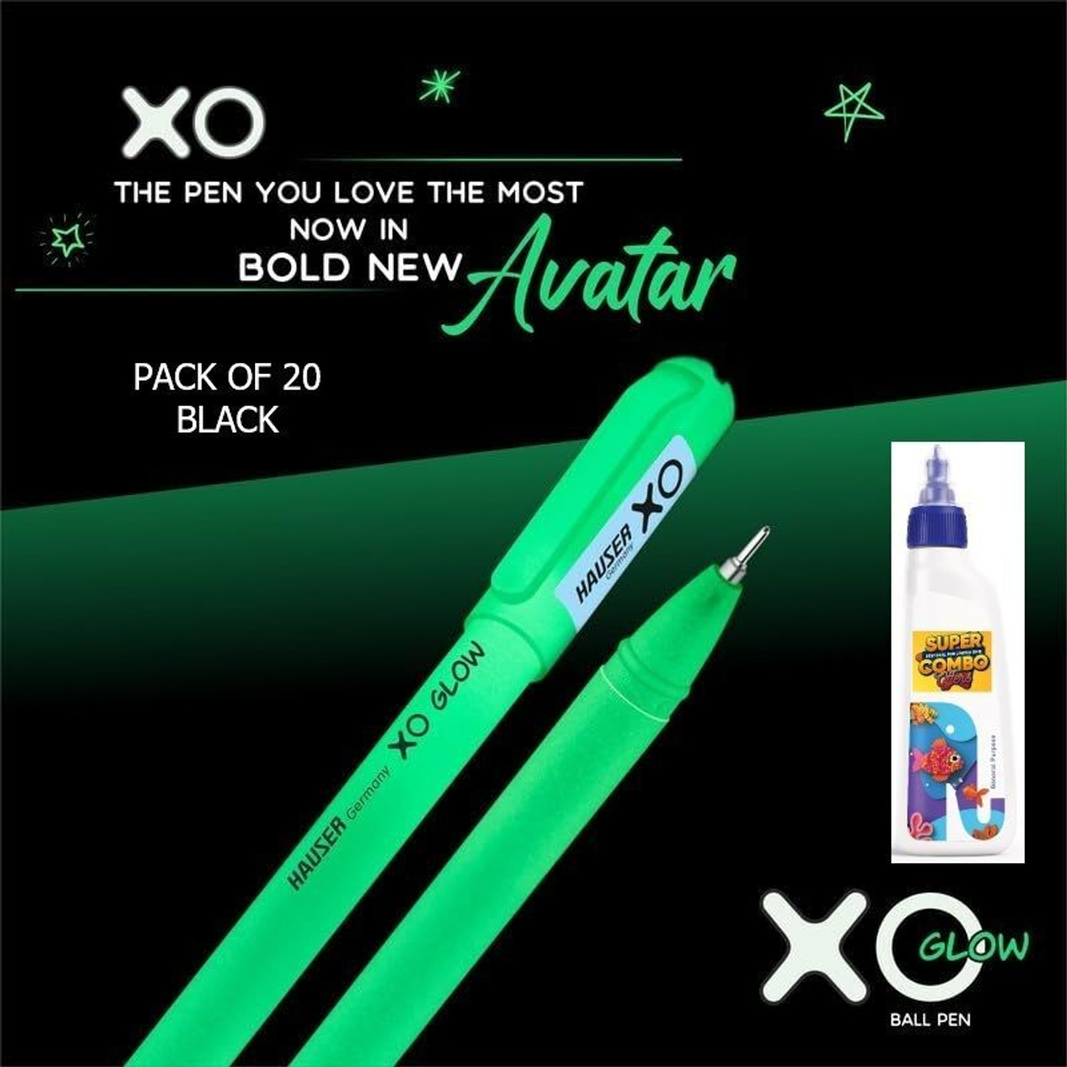 Image of HAUSER XO XO Glow in Dark Free Glue Ball Pen (Pack of 20, Ink Color - Black)