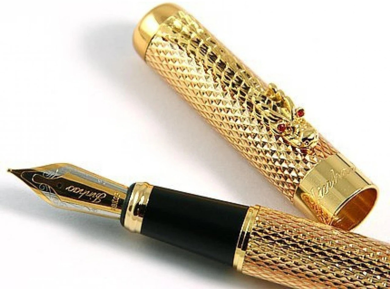 Image of RKSMART Golden Dragon Red Crystal Eyes Fountain Pen with Push in Style Ink Converte Fountain Pen
