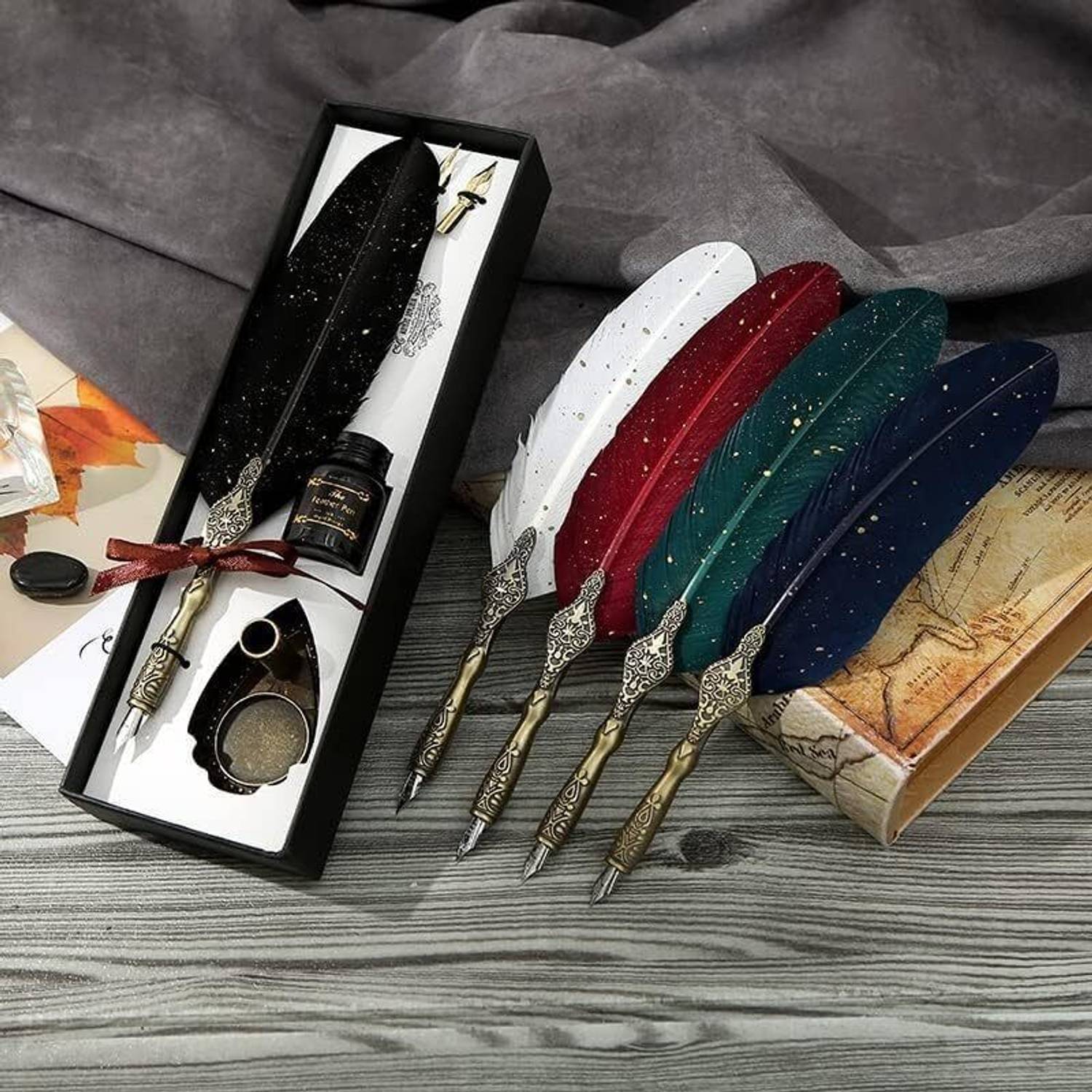 Calldrishe Feather Pen Set with Ink Bottle and Pen Stand, Antique Calligraphy Writing Pen Calligraphy