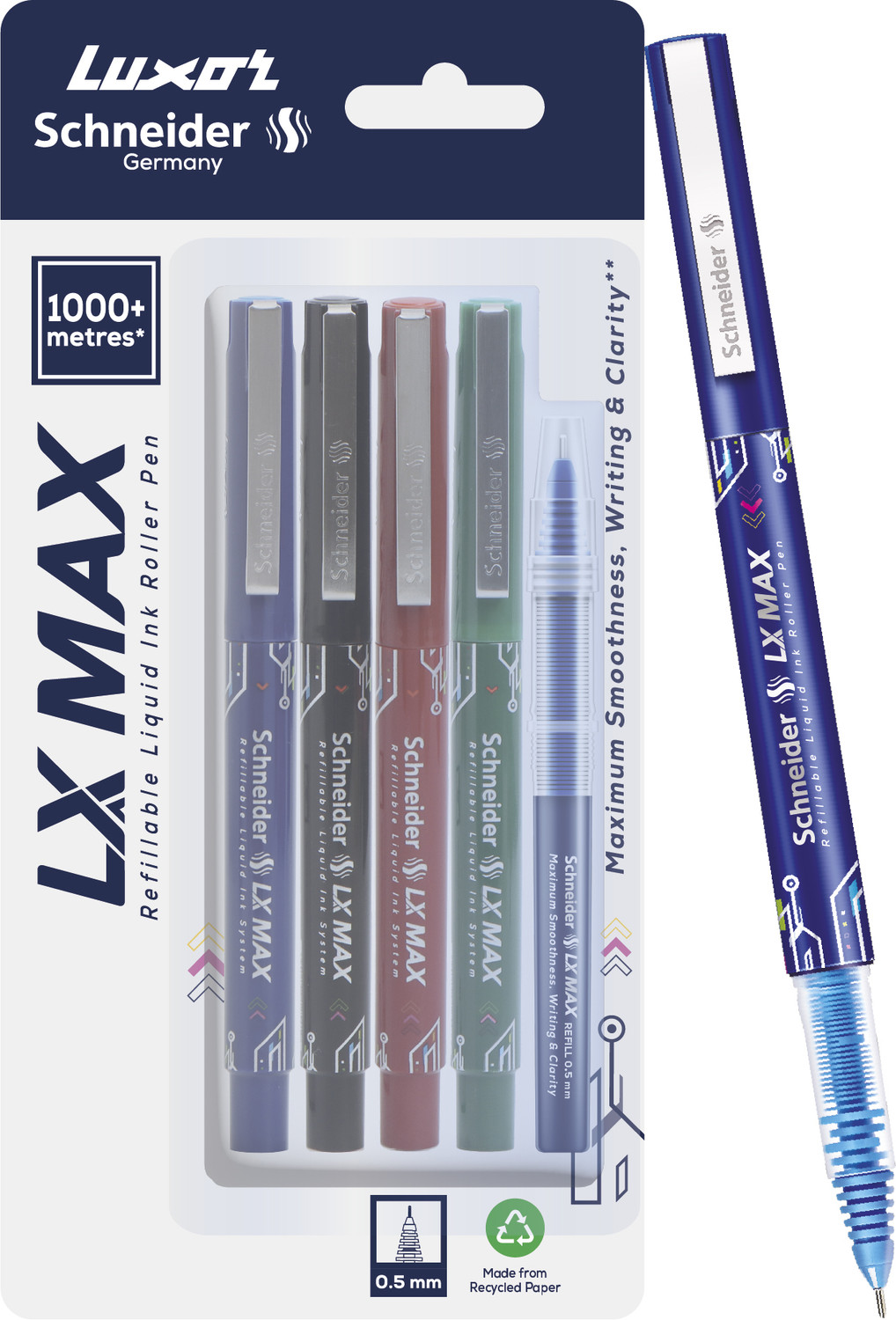 Image of Luxor Schneider LX MAX | Needle Tip | 0.5 mm | 1000+ Meters Writing Length | German Technology Roller Ball Pen