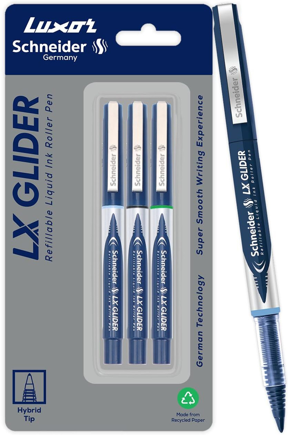 Image of Luxor Schneider LX Glider ( Blue + Black + Green ), Refillable, Hybrid Tip, Liquid Ink Roller Ball Pen