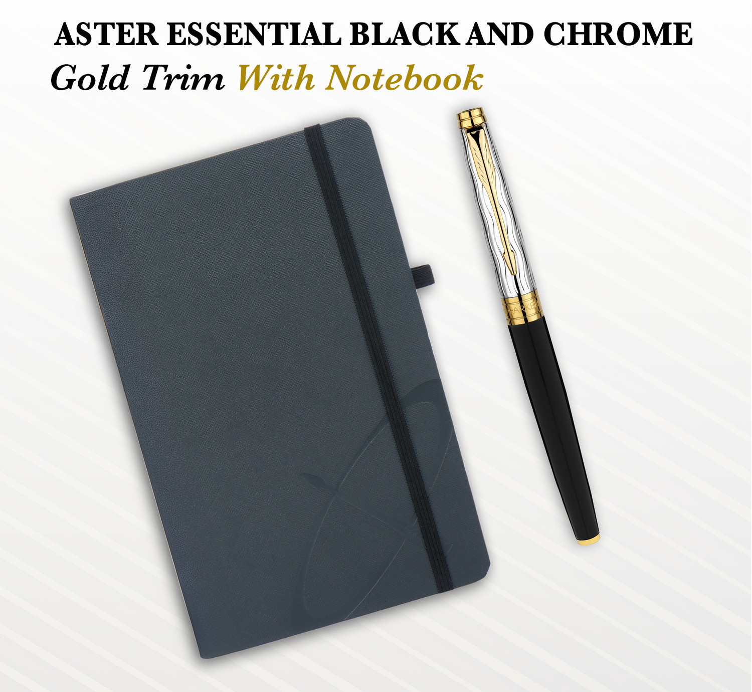 Image of PARKER Luxury Gift Set | Premium Hardbound Notebook | Aster Essential Black Chrome Trim Roller Ball Pen
