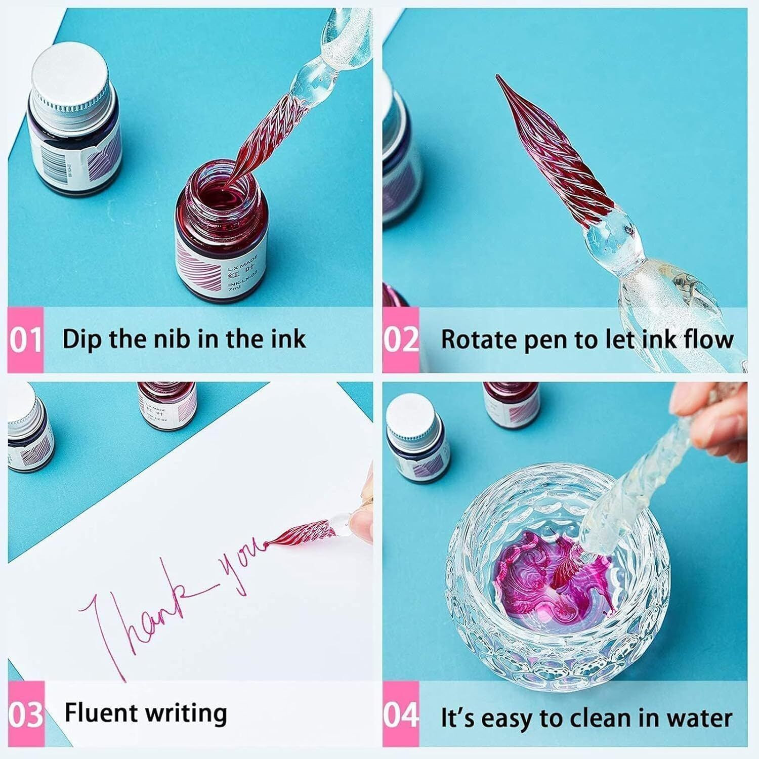 Image of Adoere Crystal Glass Dip Pen and Ink Set Calligraphy