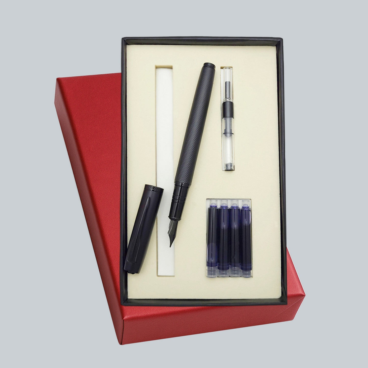 Image of UJJi Fountain Pen Set, Black Metal Body, Ink Converter with 4 Blue Cartridges Fountain Pen