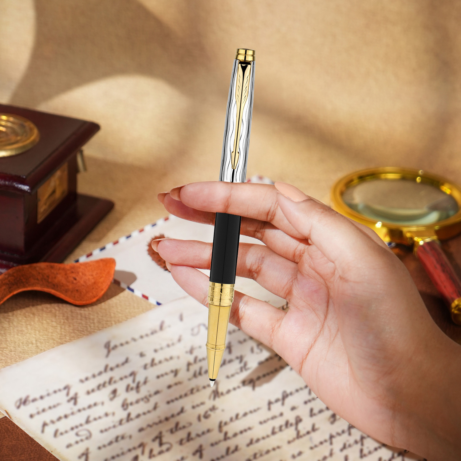 Image of PARKER Luxury Gift Set | Premium Hardbound Notebook | Aster Essential Black Chrome Trim Roller Ball Pen