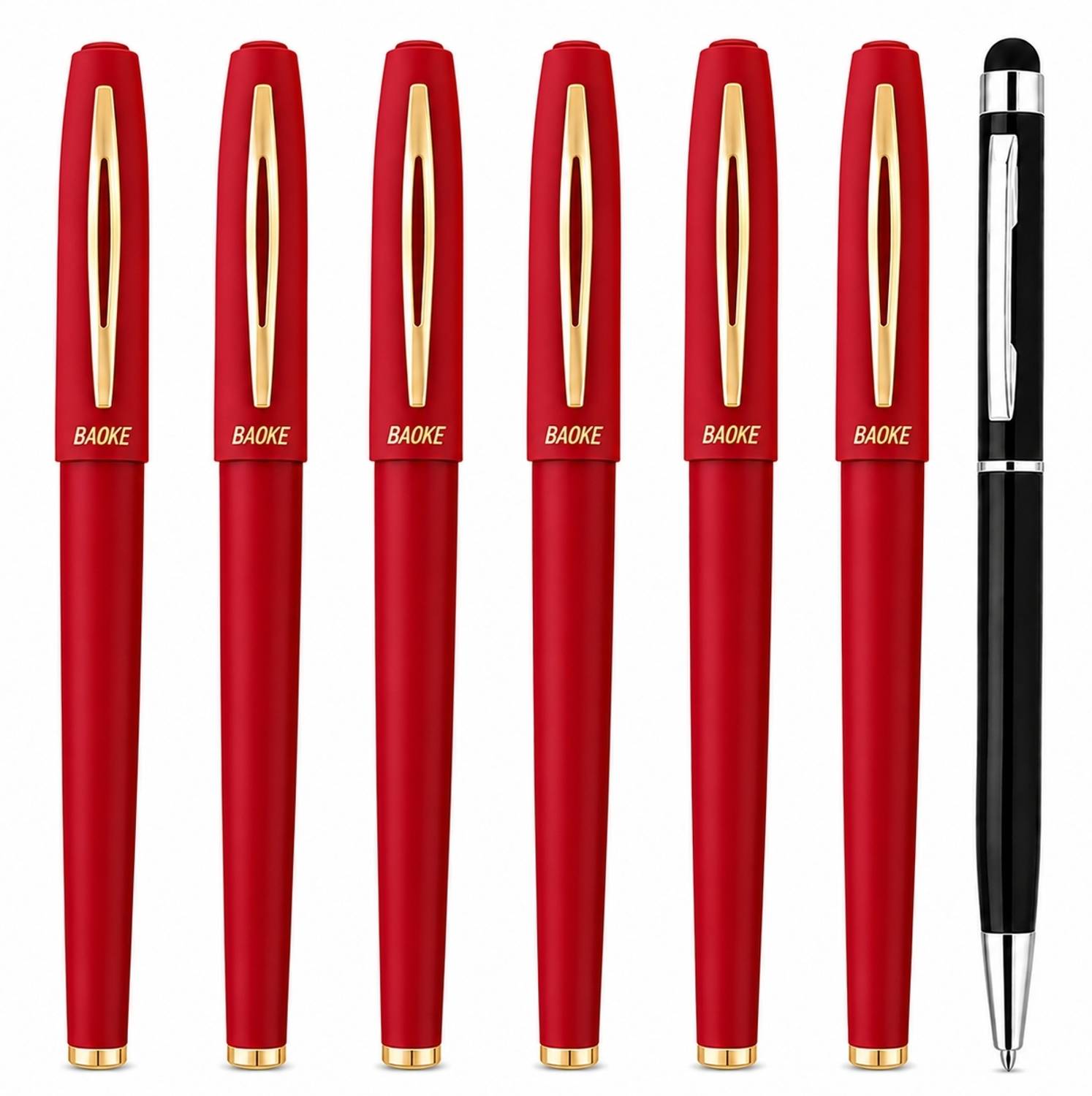 Baoke 6 Red Gel Pen 1.0mm+FREE Roller Ball Blue Ink Pen Elegant Black & Gold Finish Fountain Pen
