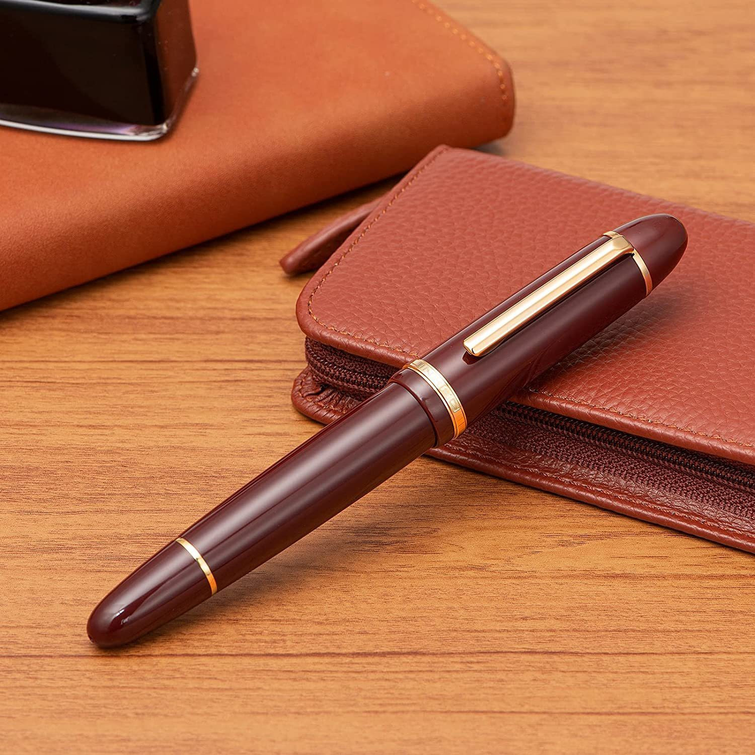 Image of Levin X159 Wine Red Acrylic Fountain Pen, Fine Nib Gold Trim Classic Design Fountain Pen