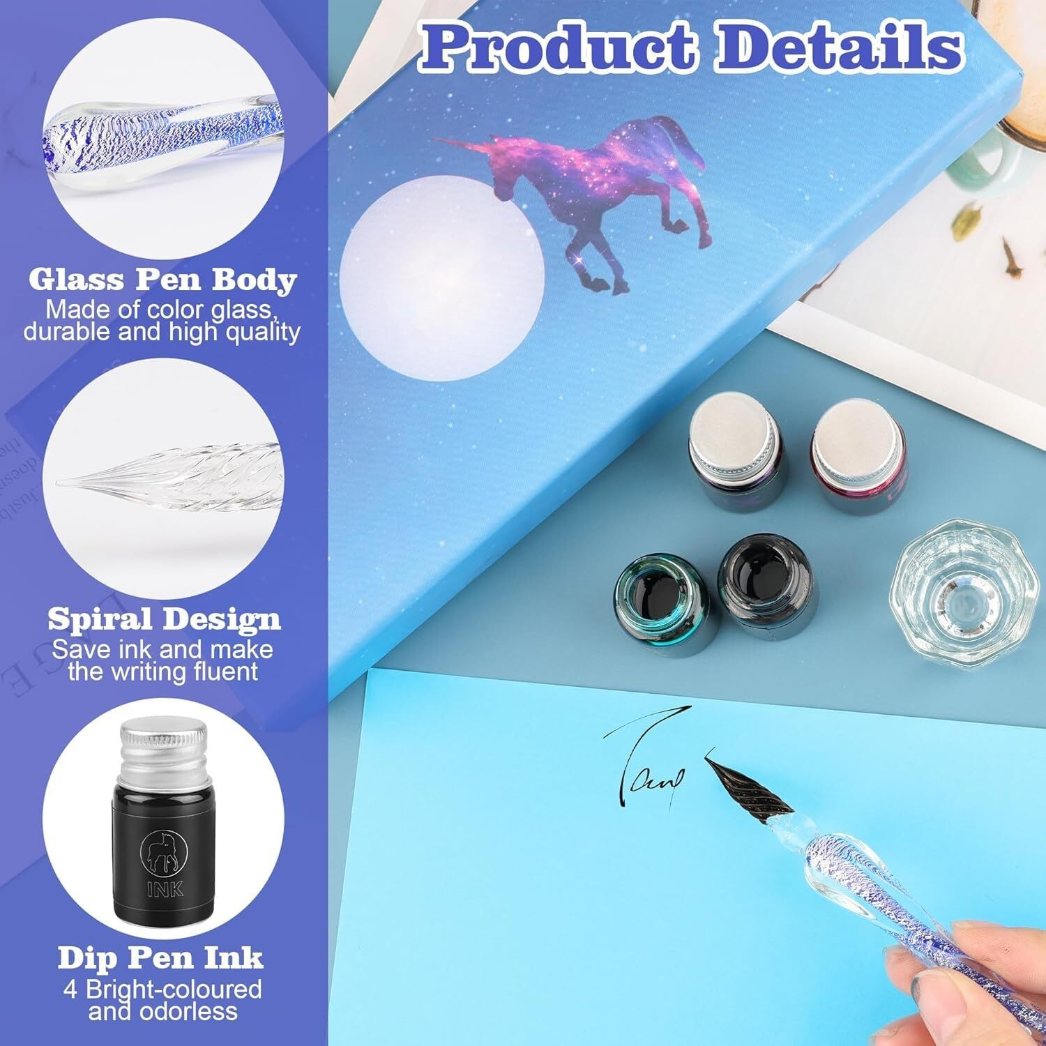 Image of Adoere Crystal Glass Dip Pen and Ink Set Calligraphy