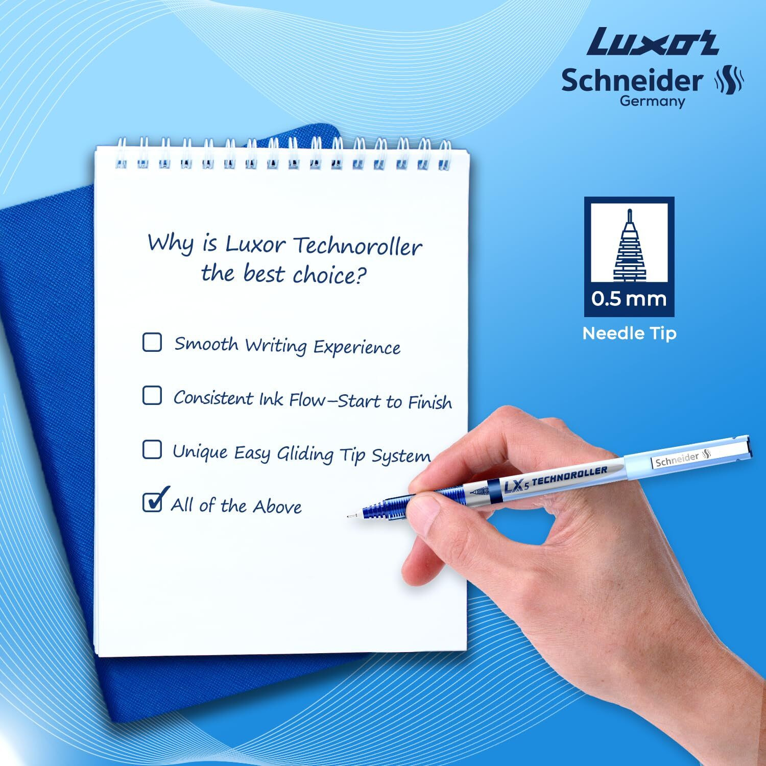 Image of LUXOR Schneider LX5 Technoroller| 0.5 mm tip| German Technology| 100% Liquid Ink Roller Ball Pen