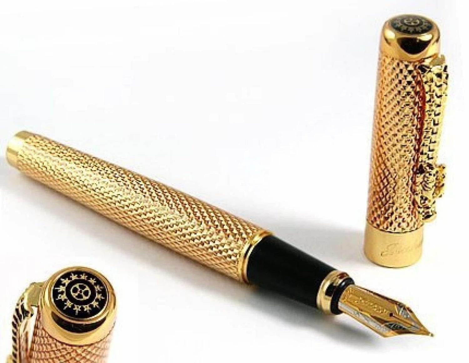 Image of RKSMART Golden Dragon Red Crystal Eyes Fountain Pen with Push in Style Ink Converte Fountain Pen