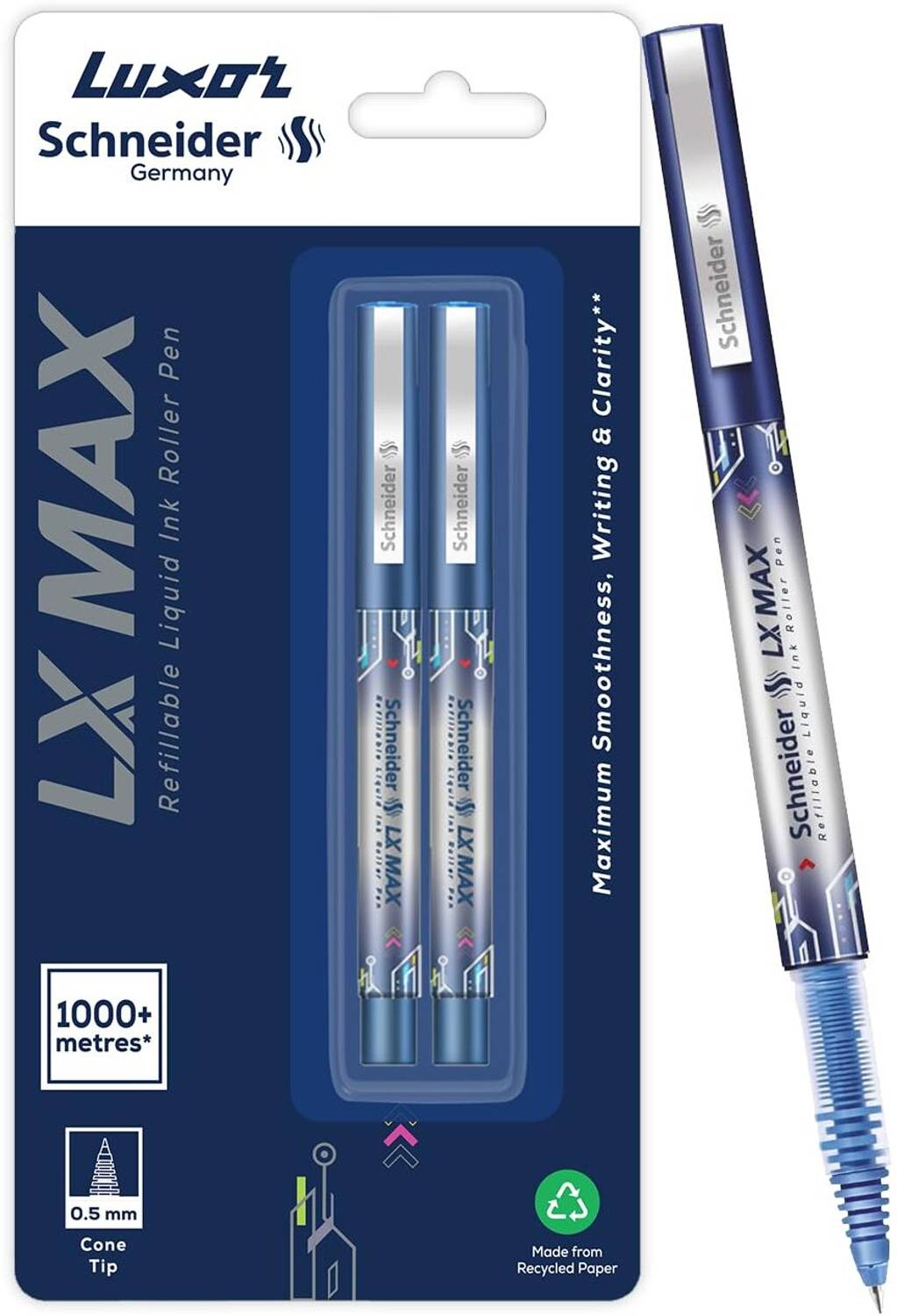 Luxor Schneider, LX-Glider Pens, confezione da 3, inchiostro (blu, nero, rosso), punta ibrida, ricaricabile, penna a rullo a inchiostro liquido, elegante compagno per lavori professionali