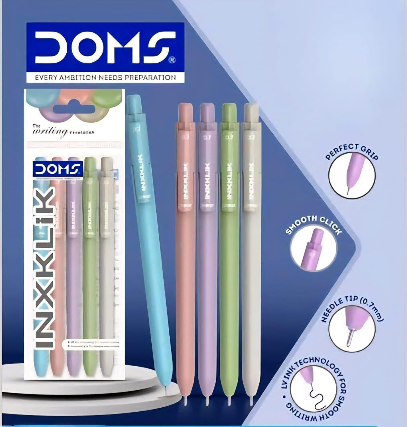 Image of DOMS INXKLIK | 0.7mm click Ballpen | Blue Ink | Pack Of 20| Smooth Click | Ball Pen