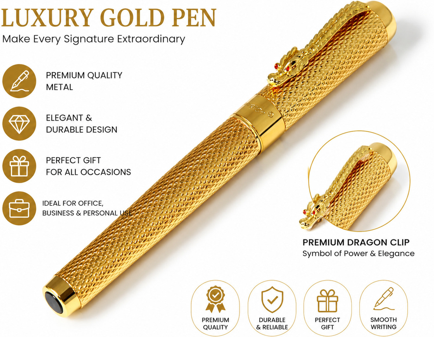 Image of RKSMART Golden Dragon Red Crystal Eyes Fountain Pen with Push in Style Ink Converte Fountain Pen