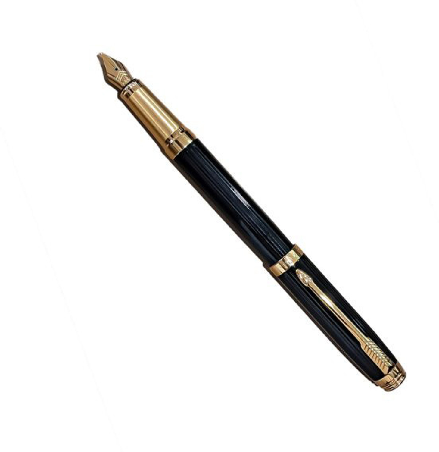 Image of PARKER Ambient Lacque Black Golden Trim Fountain Pen - Medium Nib + Roller Ball Pen Pen Gift Set (Ink Color - Blue)