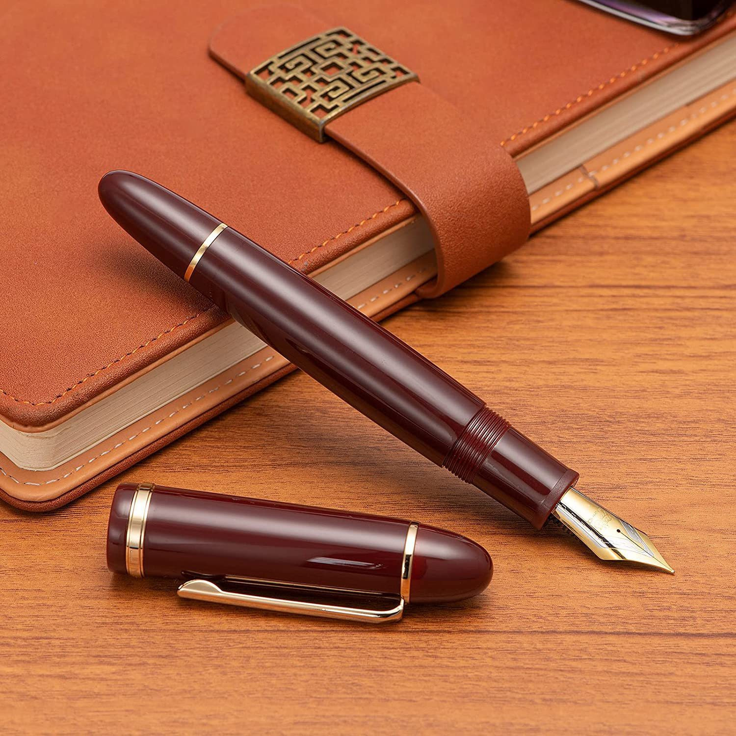 Image of Levin X159 Wine Red Acrylic Fountain Pen, Fine Nib Gold Trim Classic Design Fountain Pen