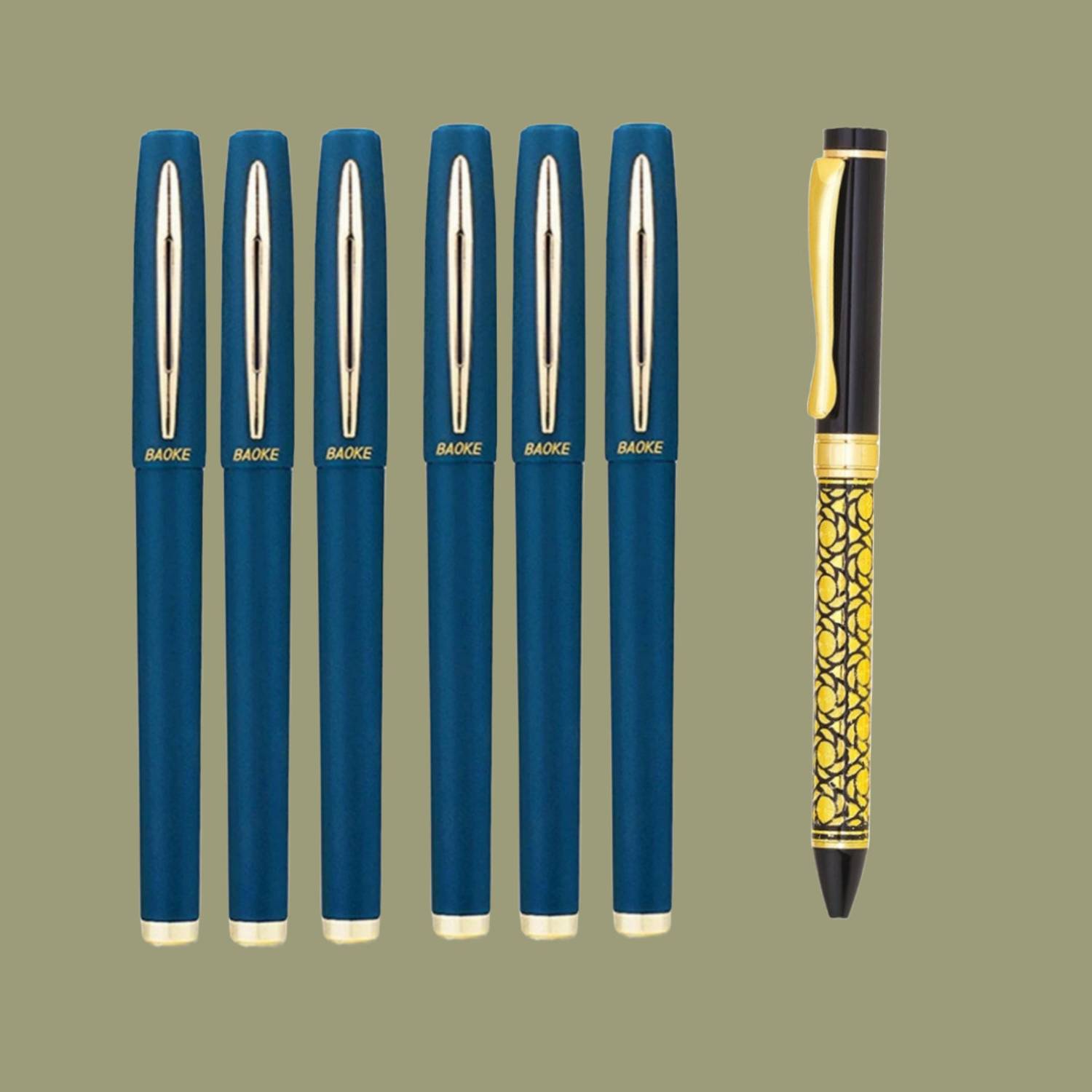 Baoke 6 Blue Gel Pen Fine Point 0.7mm+FREE Roller Ball Blue Pen|Gold & Black Finish Gel Pen
