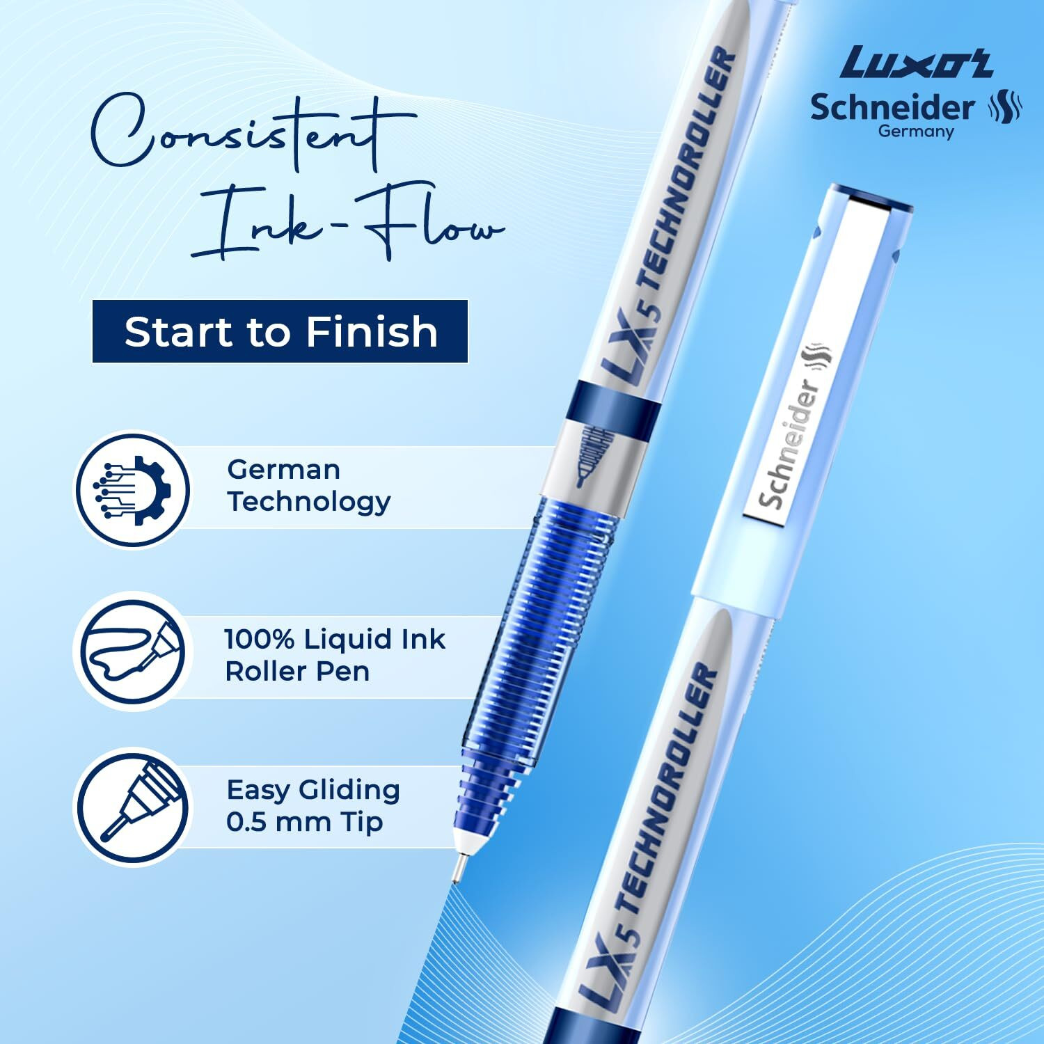 Image of LUXOR Schneider LX5 Technoroller| 0.5 mm tip| German Technology| 100% Liquid Ink Roller Ball Pen