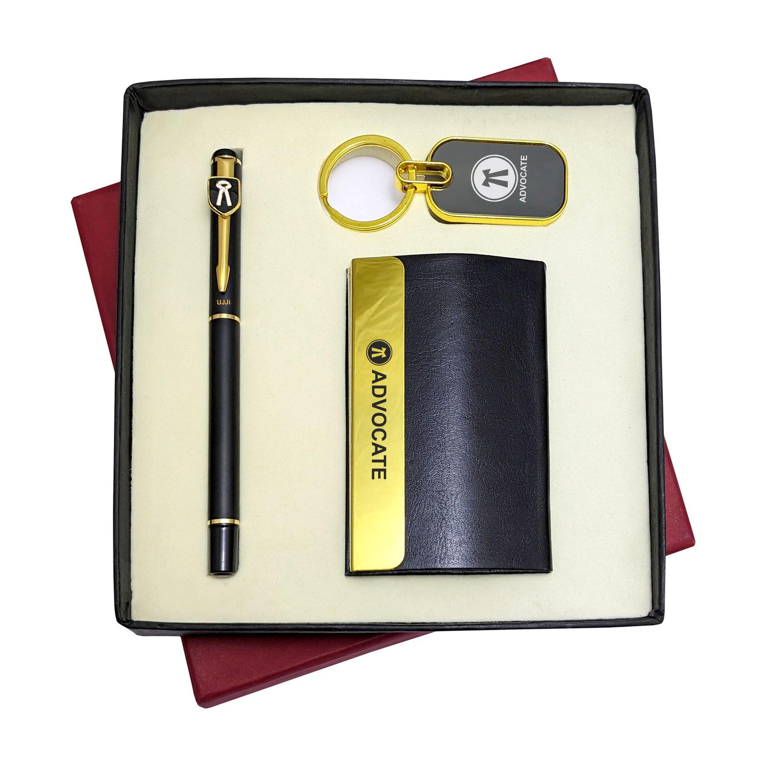 Image of UJJi Advocate Gifts 3in1 Golden Part Black Body Pen, Keychain and ATM Card Holder Pen Gift Set