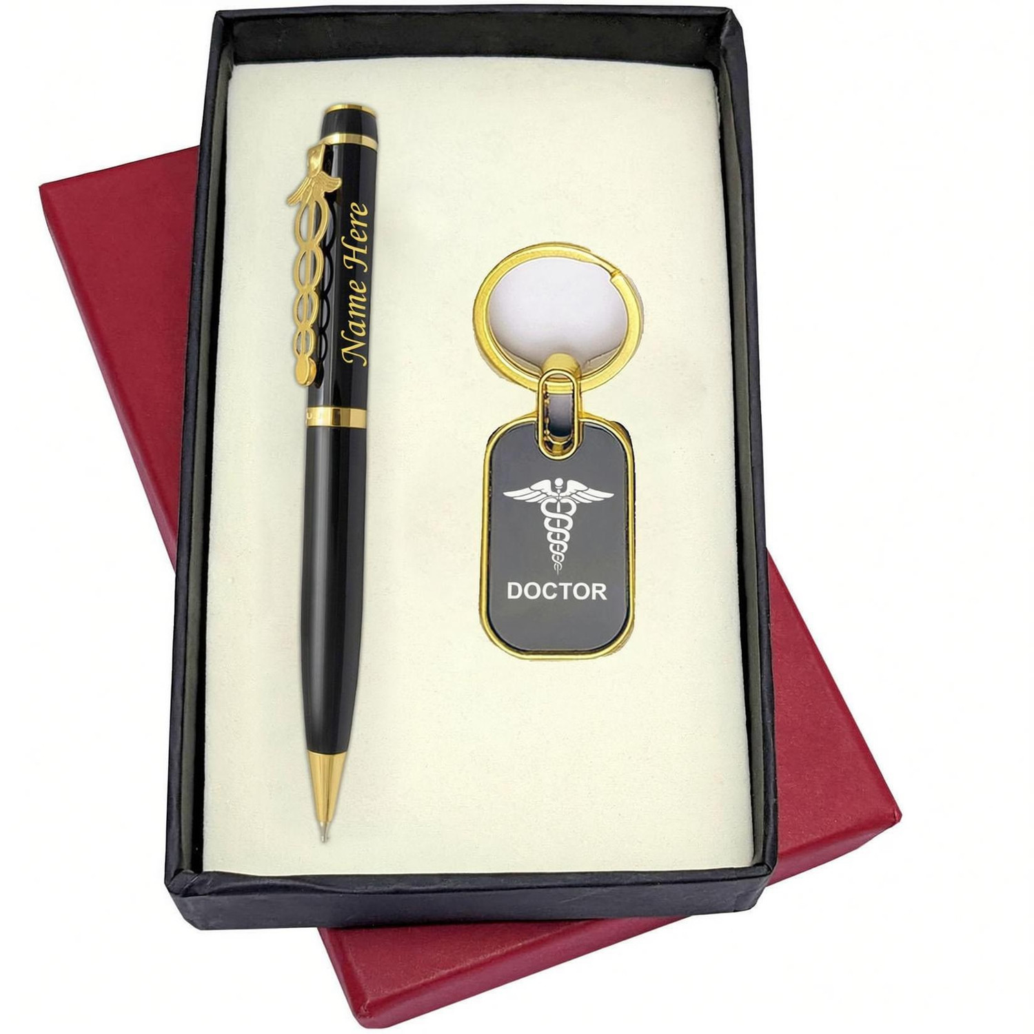 Image of UJJi Doctor Logo Clip Pen in Gold Part with Doctor Logo Keuchain and Pen Gift Set