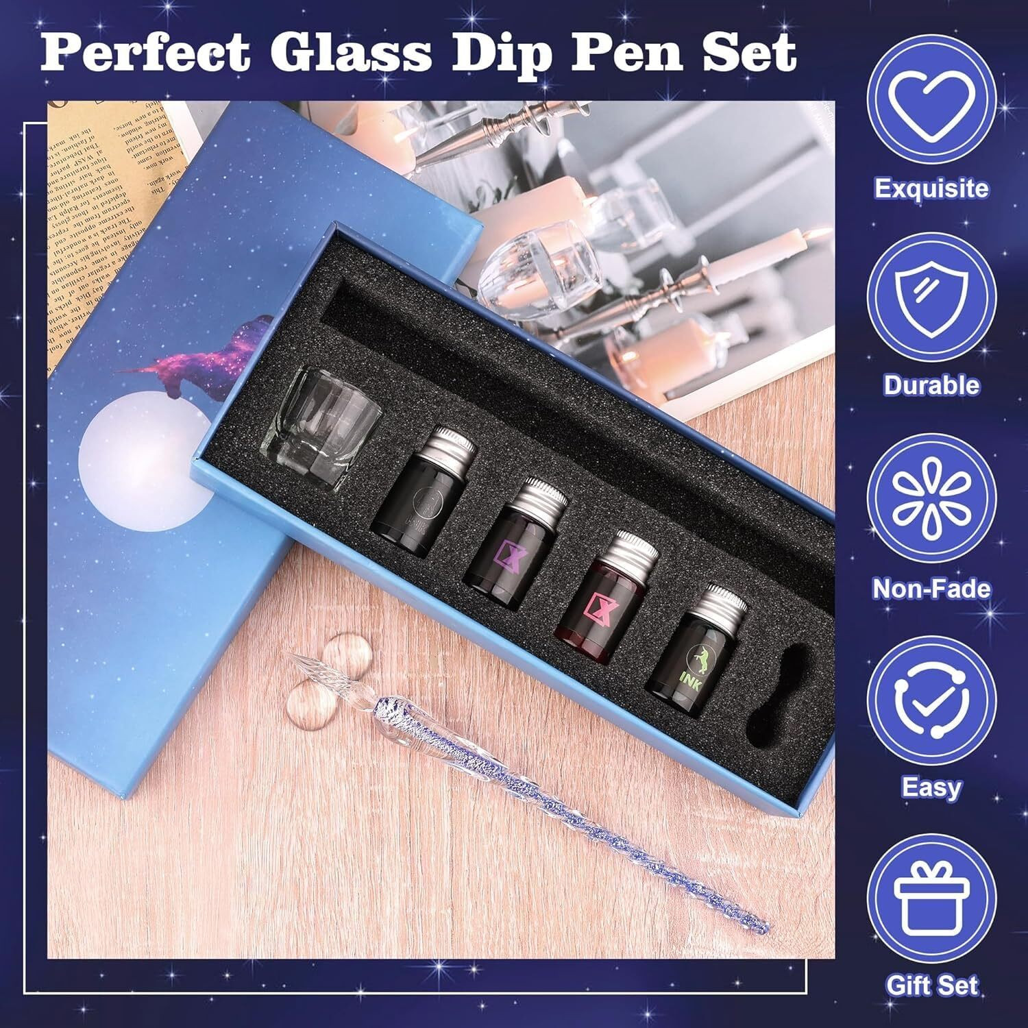 Image of Adoere Crystal Glass Dip Pen and Ink Set Calligraphy