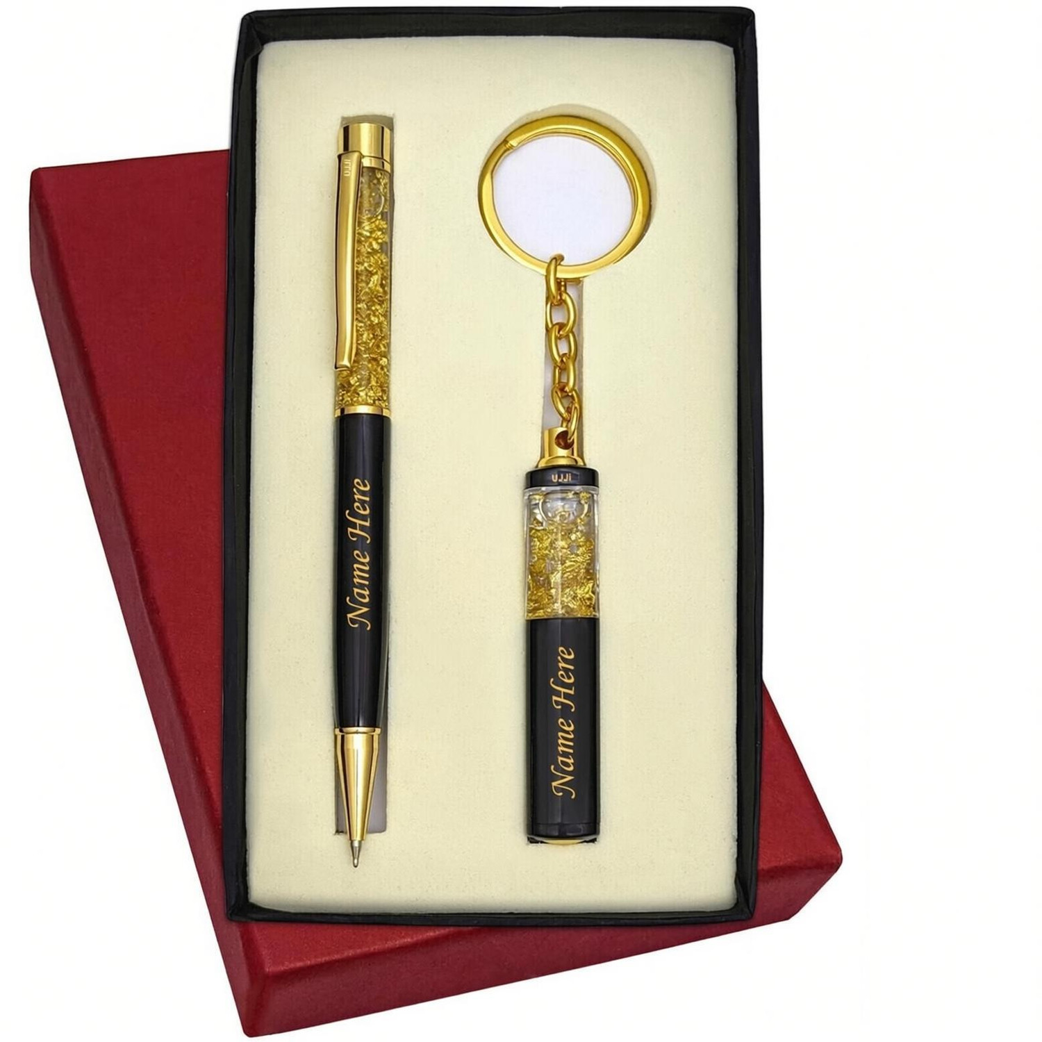 Image of UJJi Name Customized Golden Gel Filler Brass Material Pen Gift Set