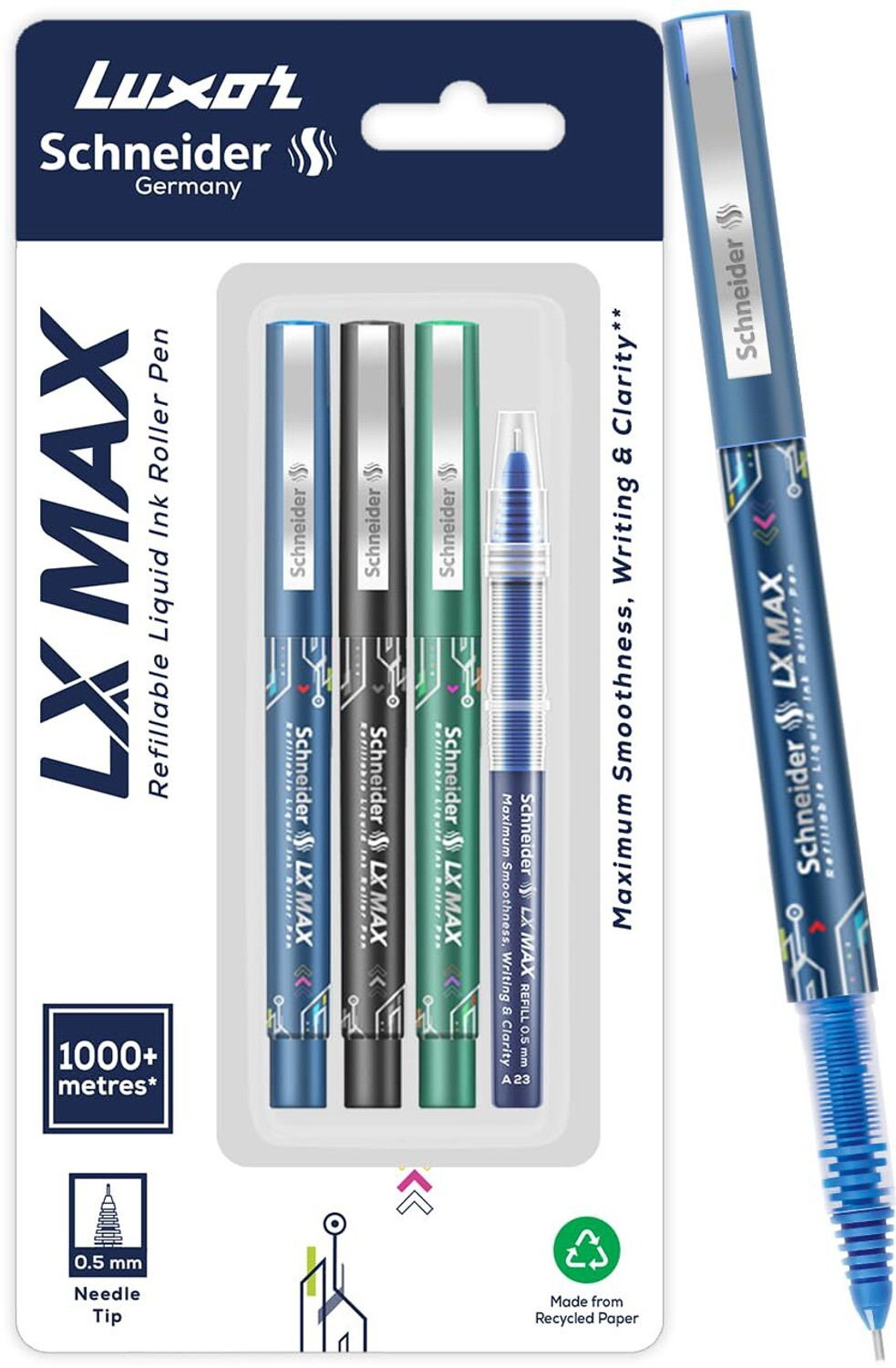 Image of Luxor Schneider LX MAX | Needle Tip | 0.5 mm | 1000+ Meters Writing Length | German Technology Roller Ball Pen