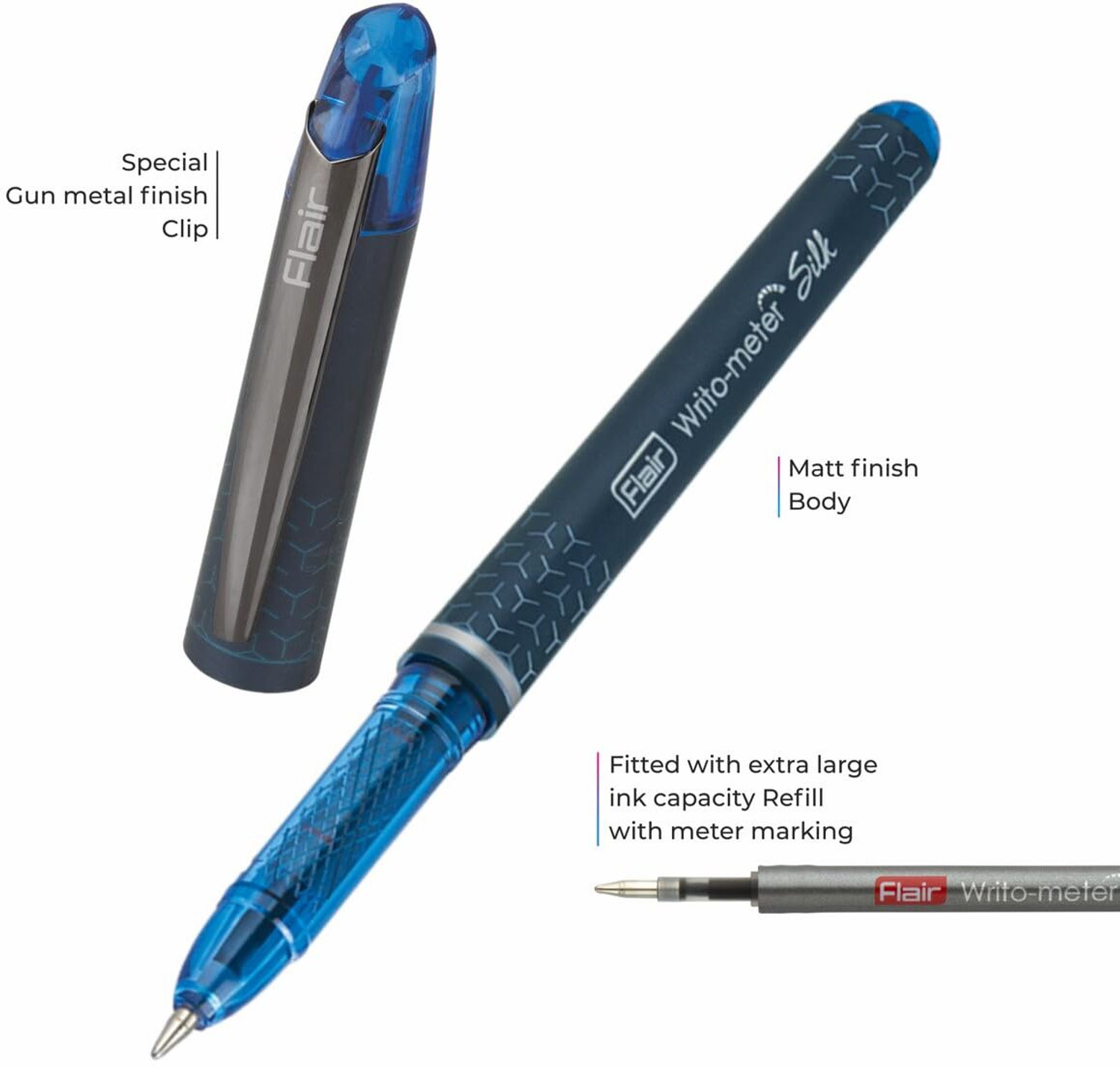 Image of FLAIR Writometer Silk Ball Pen | Gunmetal Finish Clip & Stylish Matte Finish Body Ball Pen