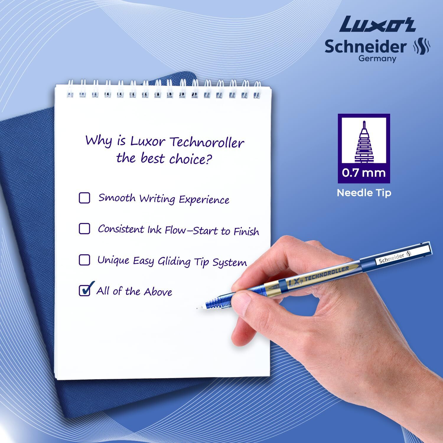 Image of LUXOR Schneider LX7 Technoroller| 0.7 mm tip| German Technology| 100% Liquid Ink Roller Ball Pen