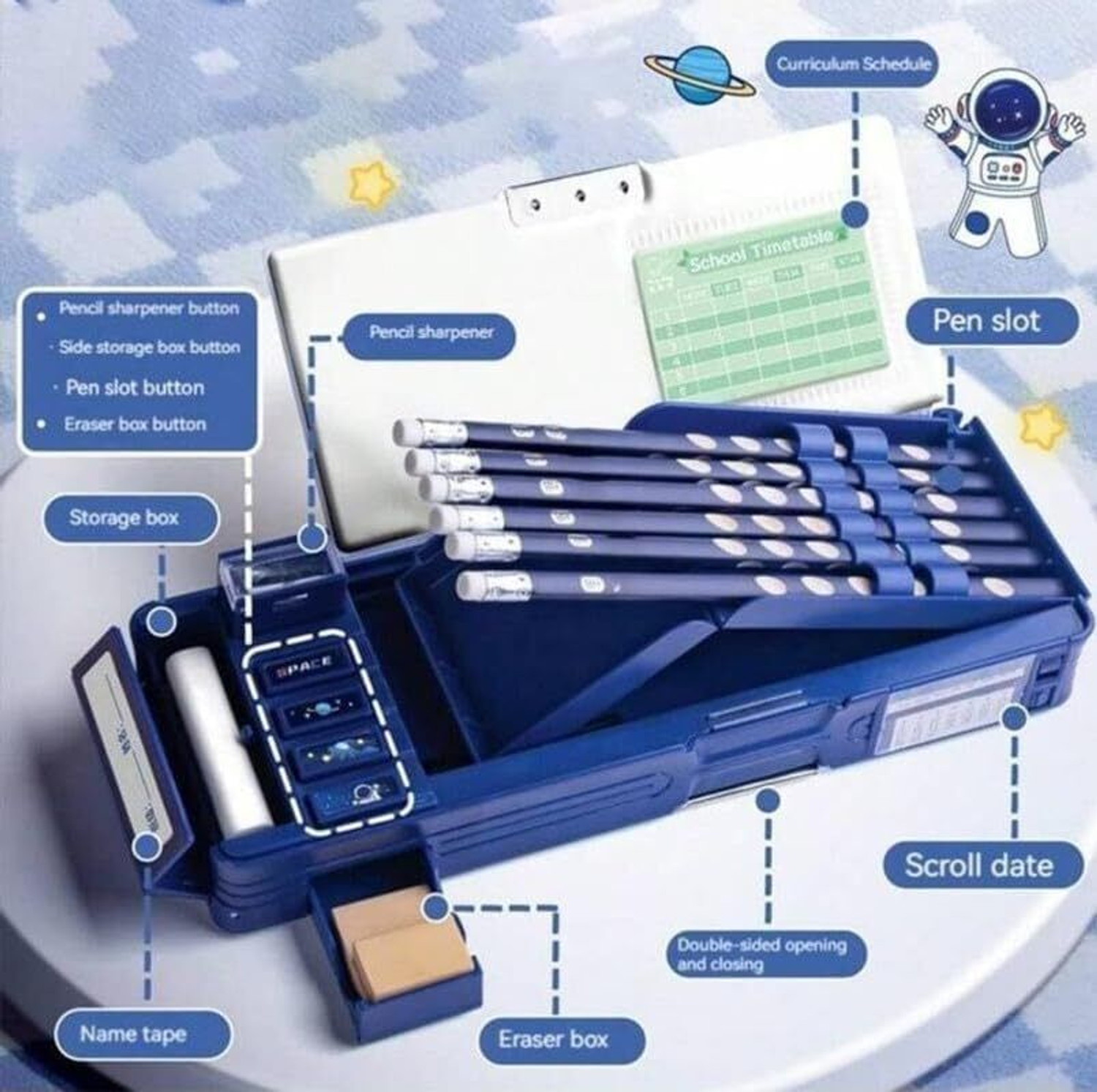 Image of MANAKI ENTERPRISE Multifunctional Lock Compass Box for Kids, Pencil Box for Boy & Girl Aesthetic Stationary Items, Space Astronaut Theme Pencil Case Return Gifts Art Plastic Pencil Box