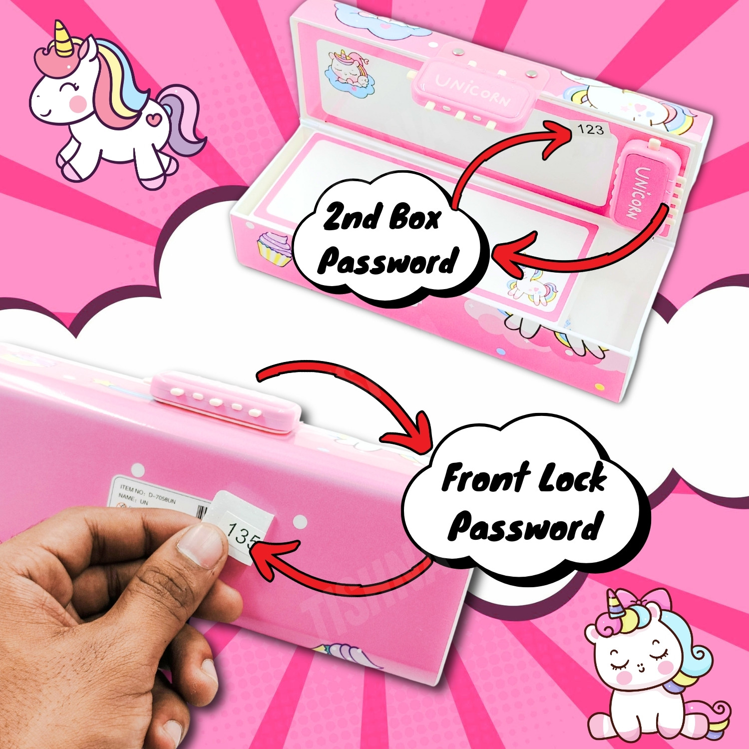 Image of tishna Unicorn Pencil Box with Style Dual Password Lock | Multi-Layer & Multi-Functional Large Capacity Plastic Case For Kids Art Plastic Pencil Box