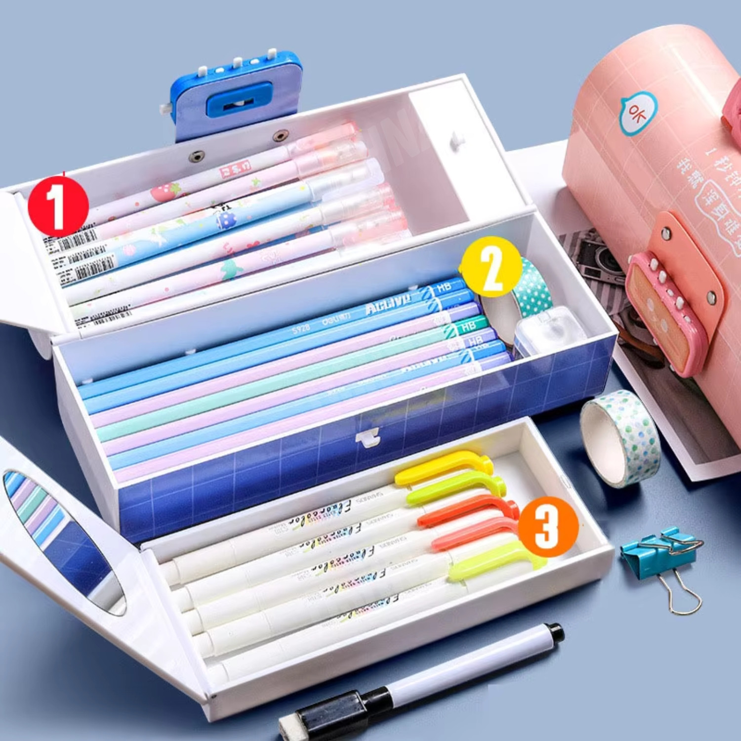 Image of tishna Space Pencil Box with Style Dual Password Lock | Multi-Layer & Multi-Functional Large Capacity Plastic Case For Kids Art Plastic Pencil Box