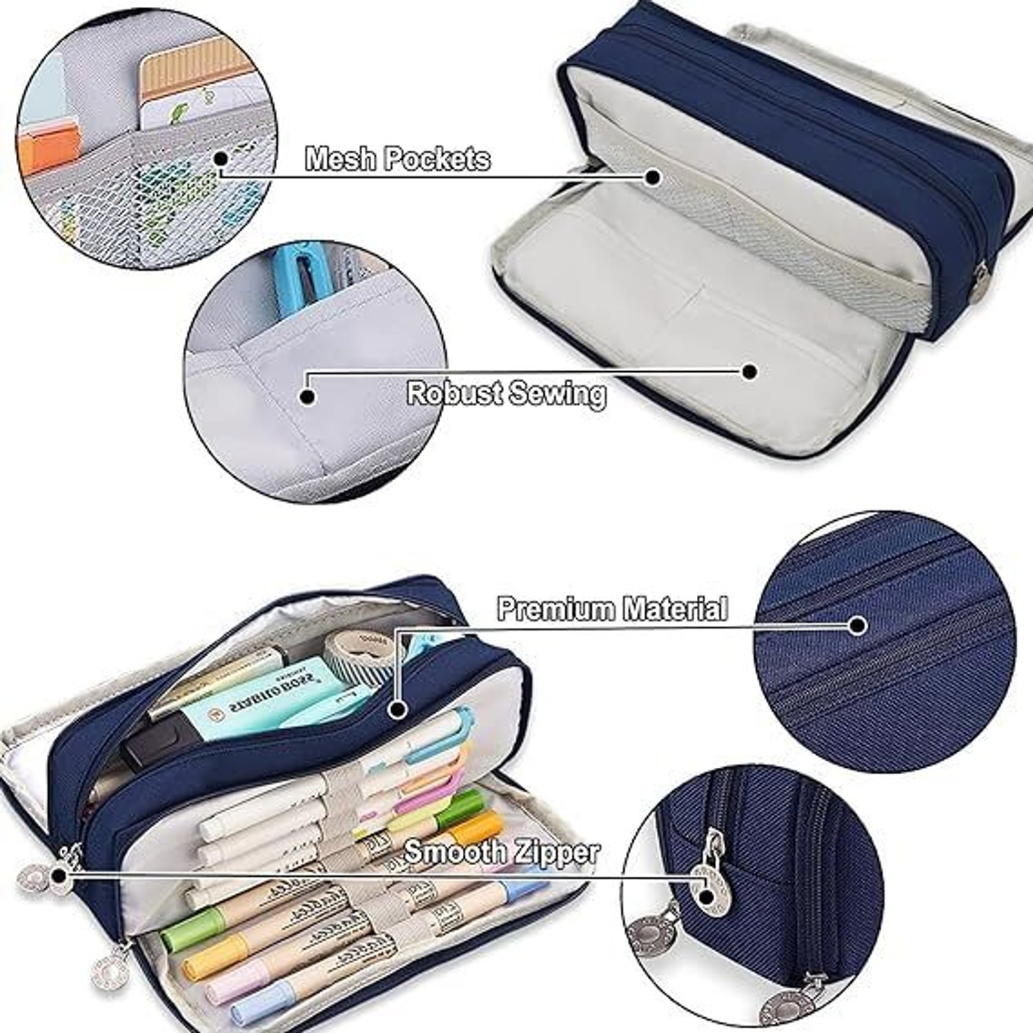 Image of Devdhan Canvas Large Capacity Pencil Pouch For Girls & Boys, 3 Compartments Pouch Geometry Box