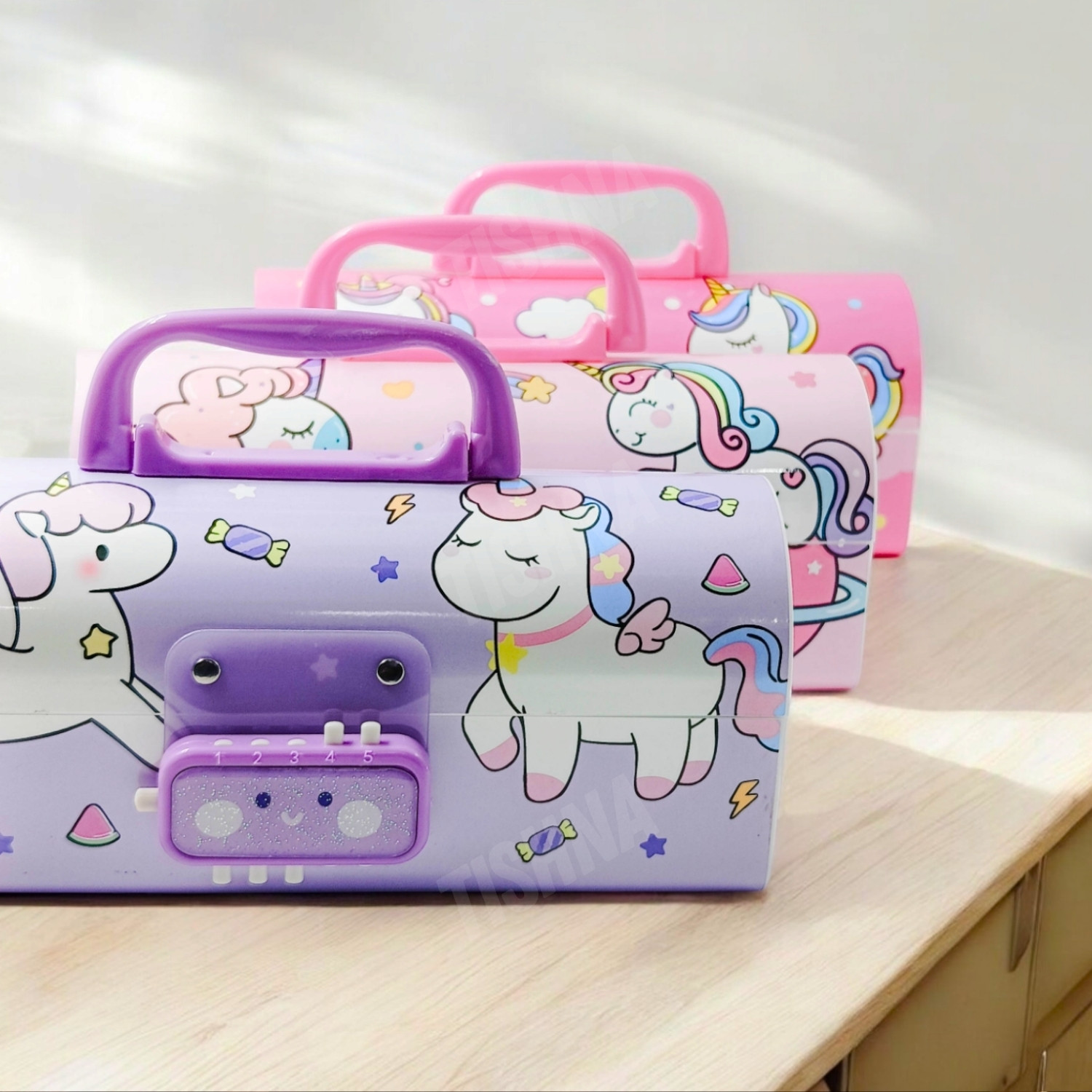 Image of tishna Unicorn Pencil Box with Style Dual Password Lock | Multi-Layer & Multi-Functional Large Capacity Plastic Case For Kids Art Plastic Pencil Box