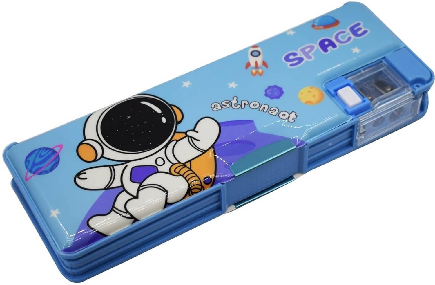 3 Jokers Cartoon Space Pencil Case with Sharpener, LED Lamp Light & 2 Side Compartment School Stationery Organizer for Kids, Boys, Girls, Students Art Plastic Pencil Box