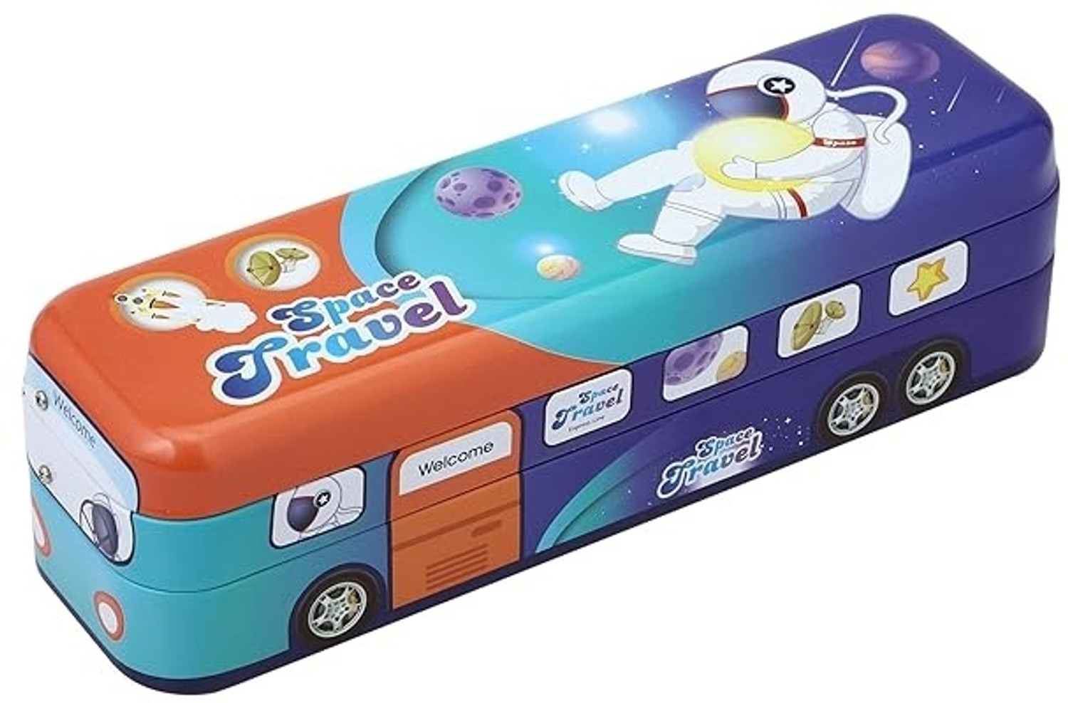 Image of Eclet 1pc School Bus Pencil Box 3D Metal Geometry Case with Functional Moving Tires & Integrated Sharpener Art Metal Pencil Box (Set of 1, Multicolor)