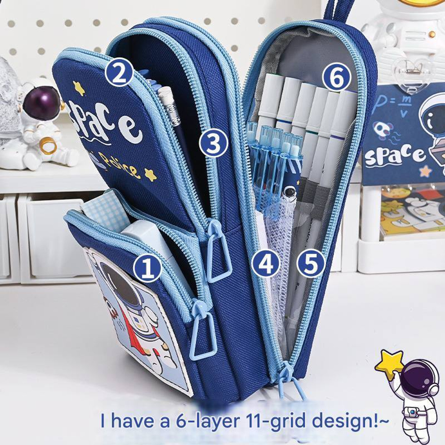 Image of radhey preet Trendy Space Print More Spacious And Storage Layers, Bag Type Pencil Pouch For Kids, Students Their Daily Use Price For 1 Empty Pencil Pouch, RP1353 Art Polyester Pencil Box (Set of 1, Blue)