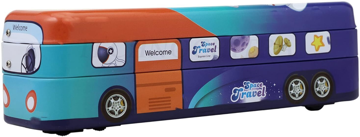 Image of Eclet 1pc School Bus Pencil Box 3D Metal Geometry Case with Functional Moving Tires & Integrated Sharpener Art Metal Pencil Box (Set of 1, Multicolor)