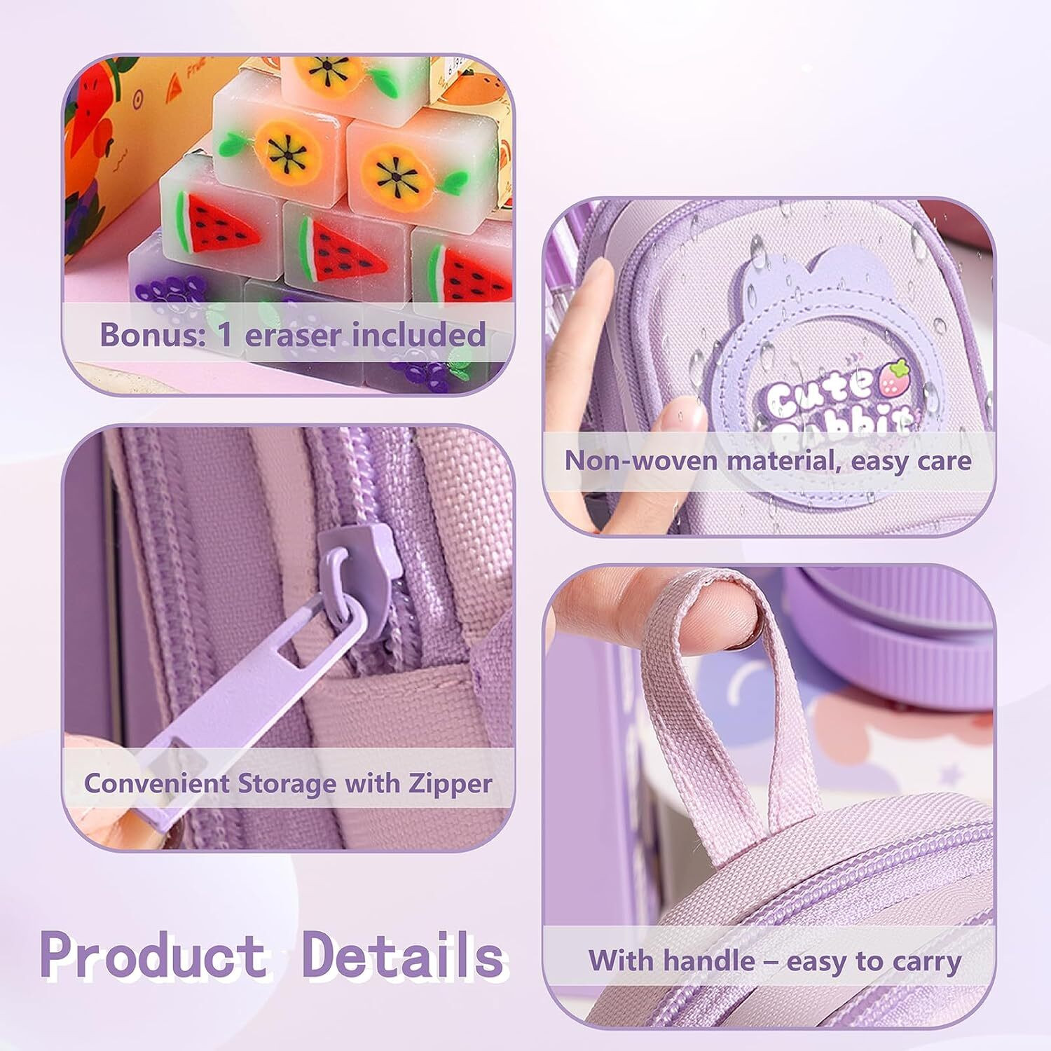 Image of OMETER 3 Compartment Zipper Pencil Case for Girl Kid Pencil Pouch School Stationery Cute Rabbit Pencil Box Art Canvas Pencil Box