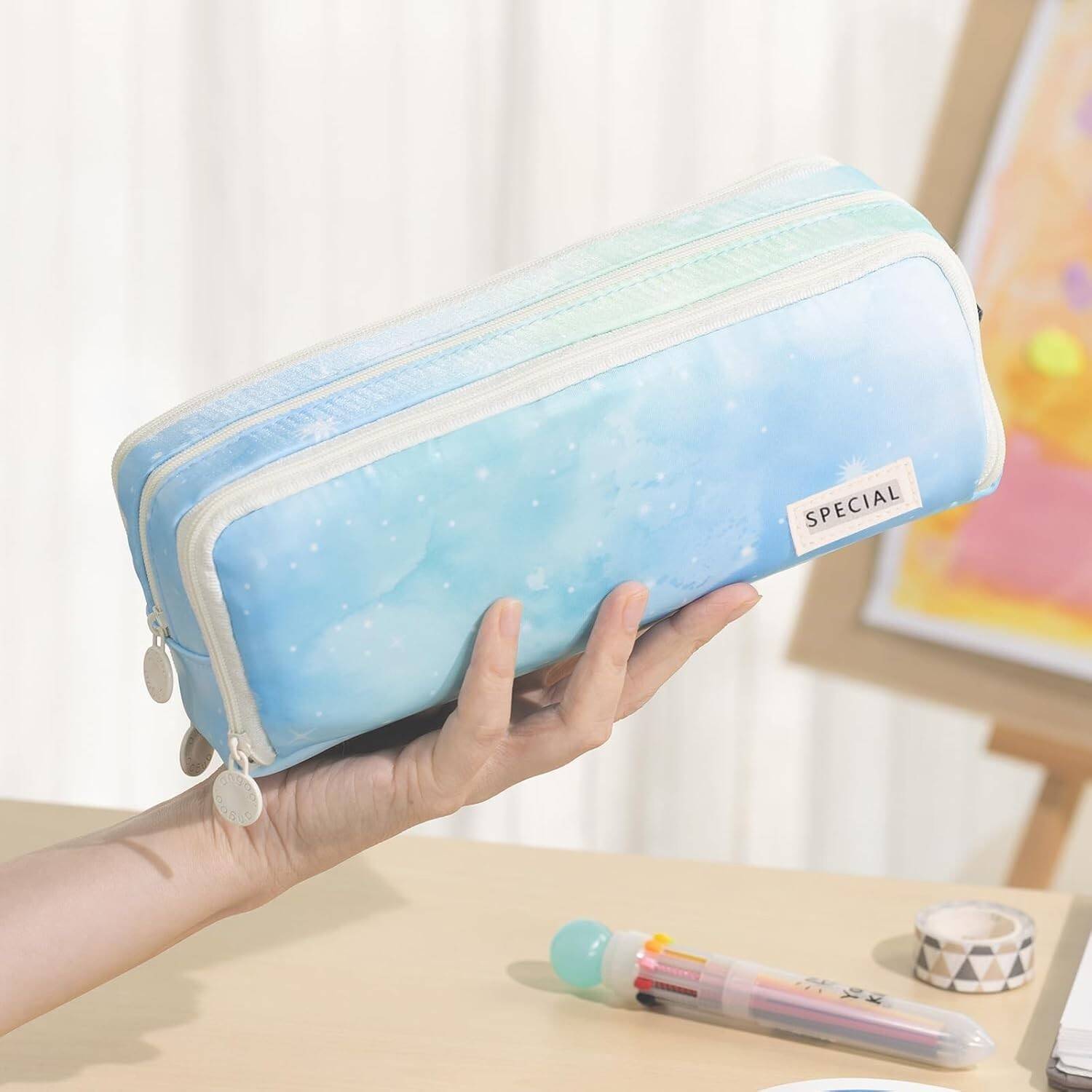 Akvanar Large Pencil Case 3 Compartments Pencil Pouch Big Capacity Pencil Bag Stationery Geometry Box