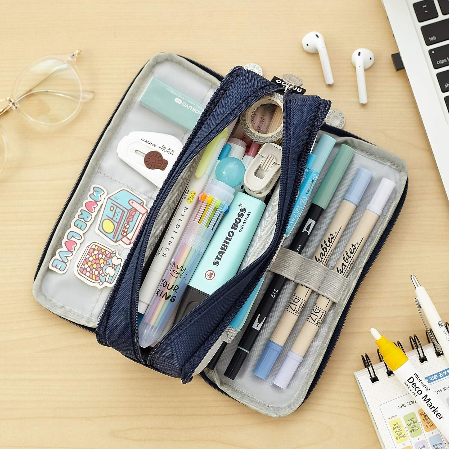 Image of VEPROIX Canvas Metal Pencil Case 3 Compartment Large Capacity Zipper Pouch Organizer Geometry Box