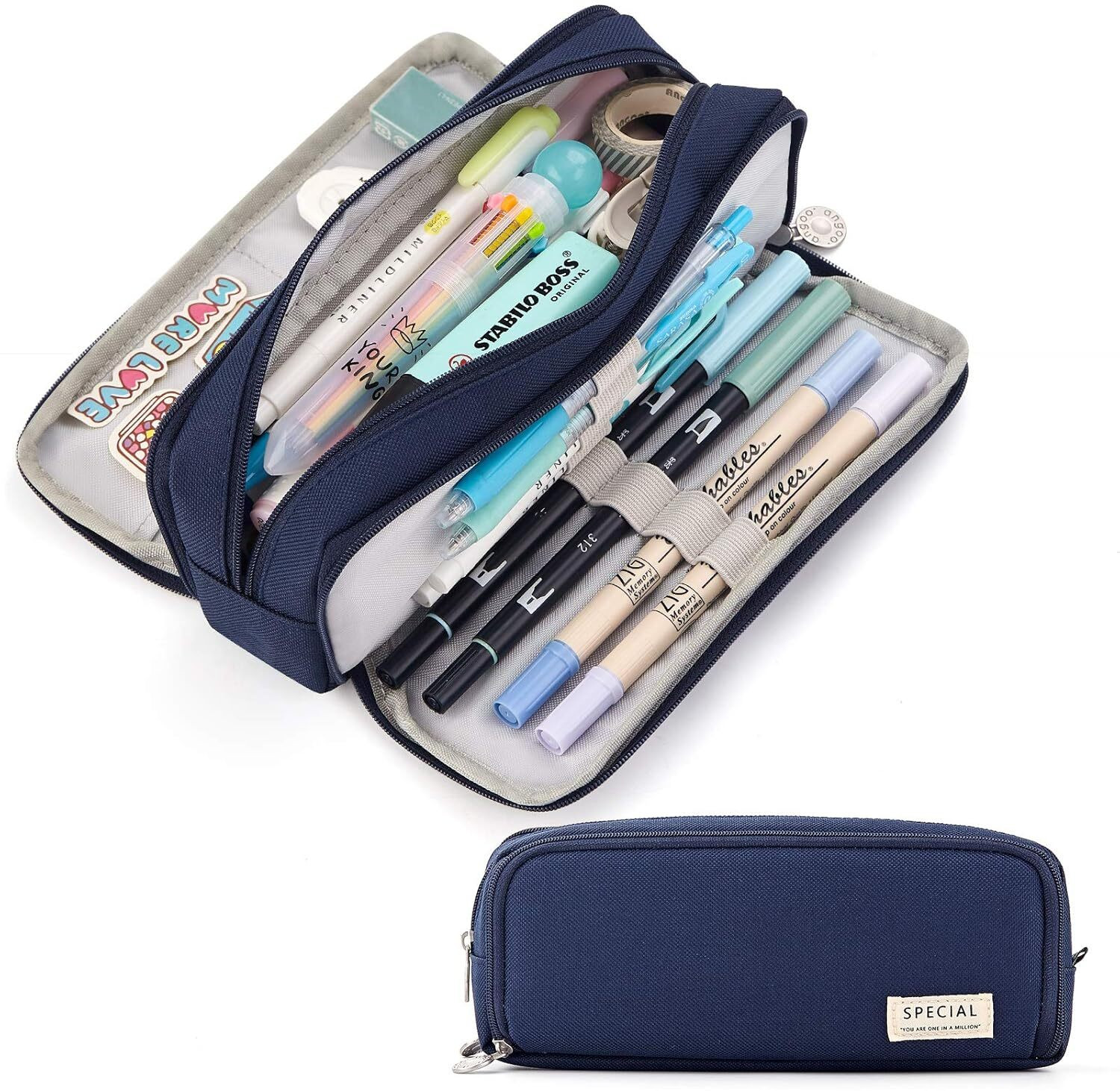 Image of VEPROIX Canvas Metal Pencil Case 3 Compartment Large Capacity Zipper Pouch Organizer Geometry Box