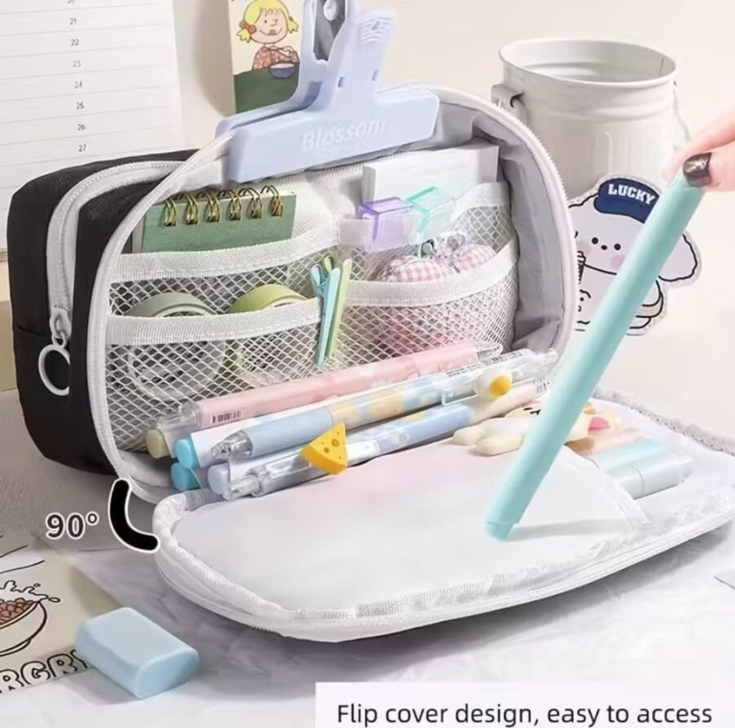 Image of DiMoris Cute knot Kawai Canvas Pencil Pouch for Girls & Boys Large Capacity Pencil Case Lucky Puppy 3 Layer 6 Compartment School Stationery Organizer Pencil Box for Kid Art Plastic Pencil Box